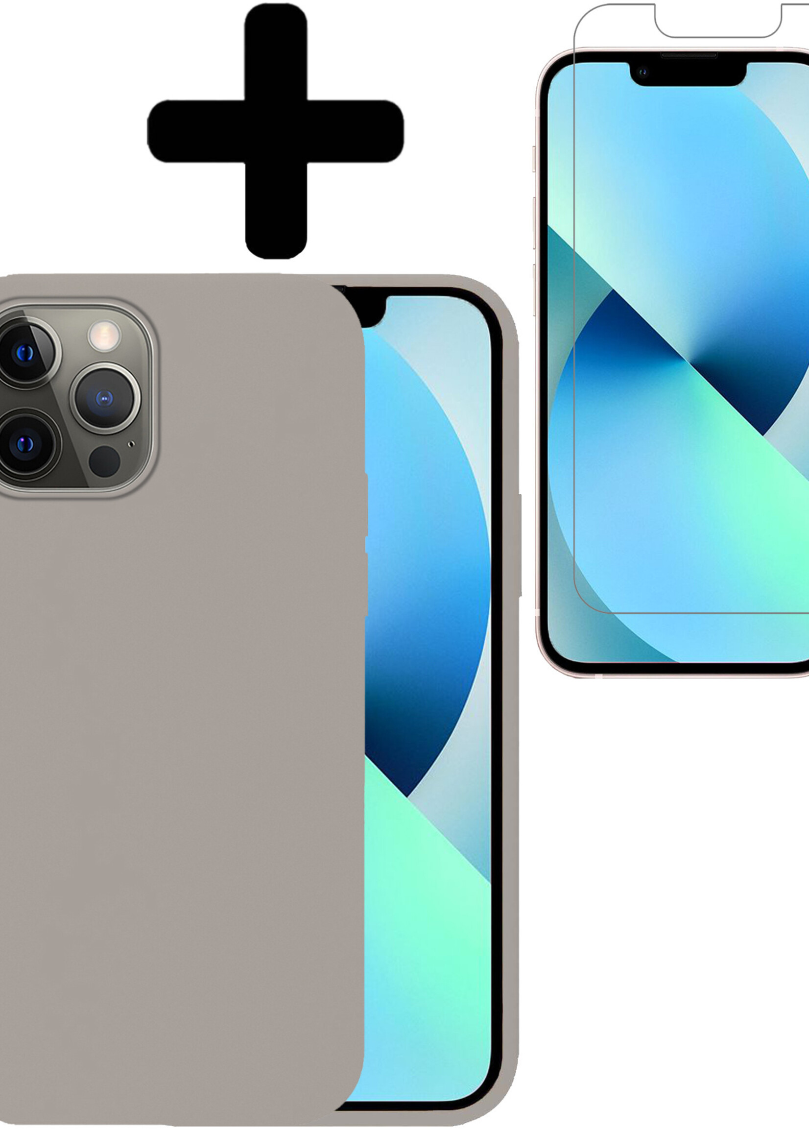 BTH Hoesje Geschikt voor iPhone 13 Hoesje Siliconen Case Hoes Met Screenprotector - Hoes Geschikt voor iPhone 13 Hoes Cover Case - Grijs