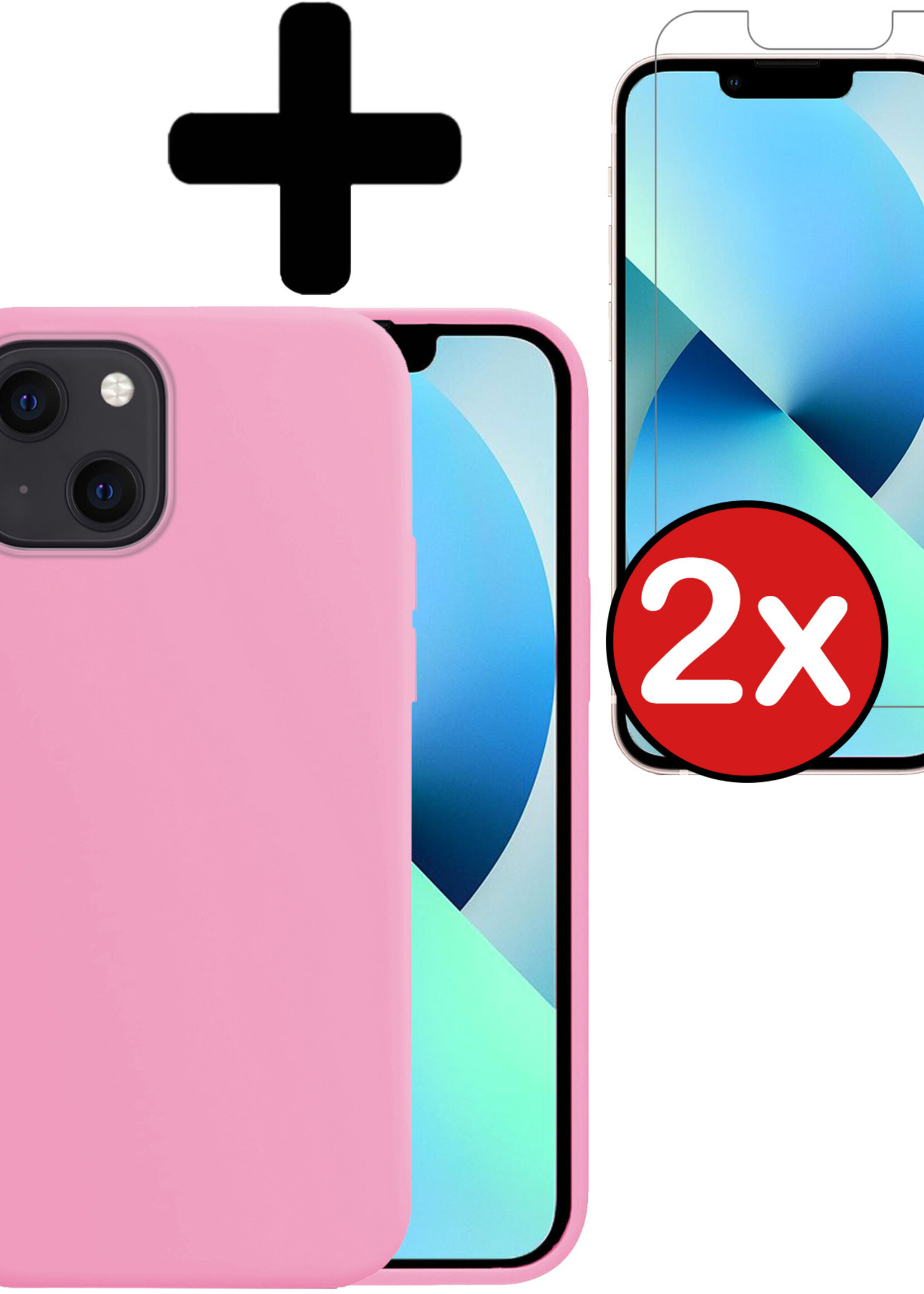 BTH Hoesje Geschikt voor iPhone 13 Mini Hoesje Siliconen Case Hoes Met 2x Screenprotector - Hoes Geschikt voor iPhone 13 Mini Hoes Cover Case - Lichtroze