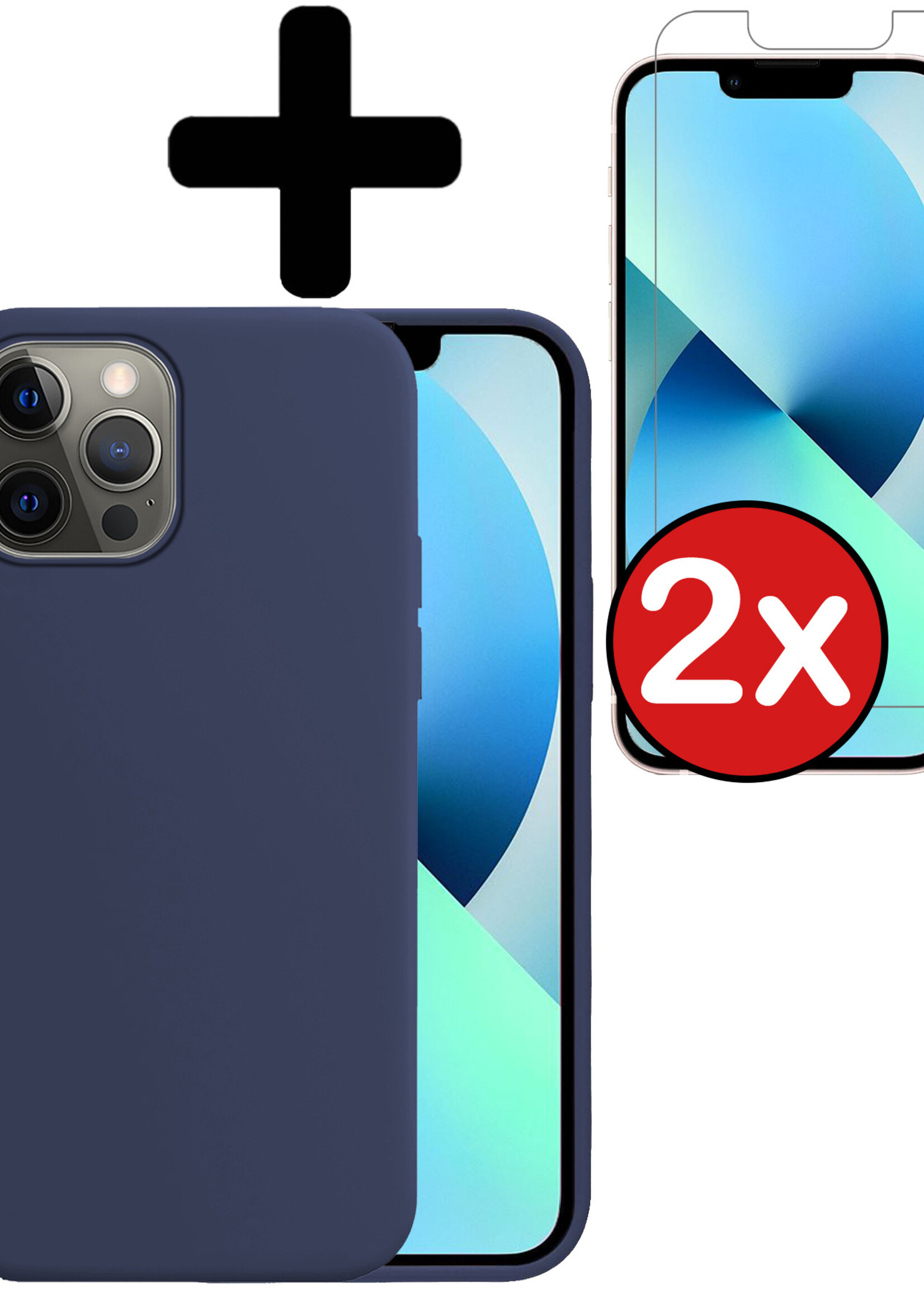 BTH Hoesje Geschikt voor iPhone 13 Pro Max Hoesje Siliconen Case Hoes Met 2x Screenprotector - Hoes Geschikt voor iPhone 13 Pro Max Hoes Cover Case - Donkerblauw
