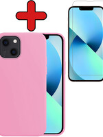 BTH BTH iPhone 13 Mini Hoesje Siliconen Met Screenprotector Met Dichte Notch - Lichtroze