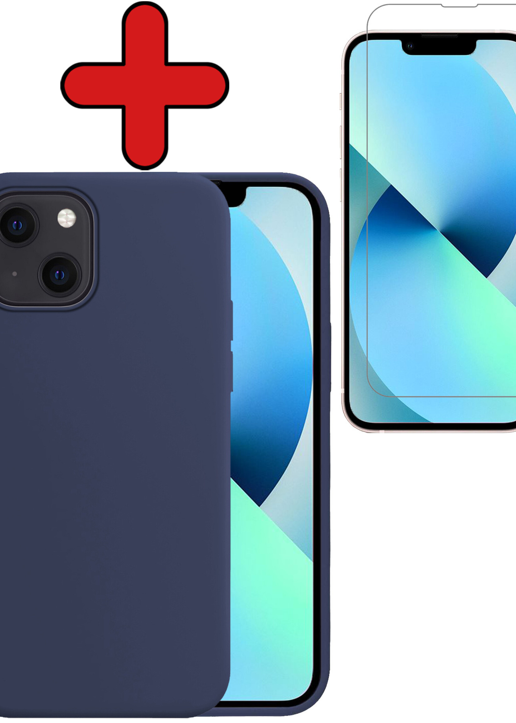 BTH Hoesje Geschikt voor iPhone 13 Hoesje Siliconen Case Hoes Met Screenprotector - Hoes Geschikt voor iPhone 13 Hoes Cover Case - Donkerblauw