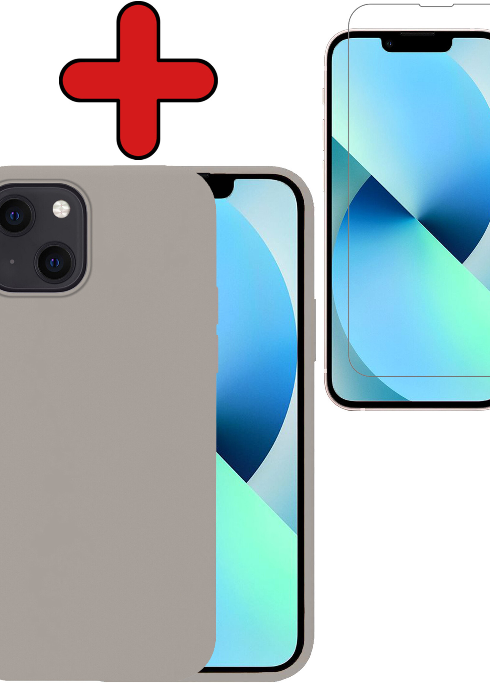 BTH Hoesje Geschikt voor iPhone 13 Hoesje Siliconen Case Hoes Met Screenprotector - Hoes Geschikt voor iPhone 13 Hoes Cover Case - Grijs