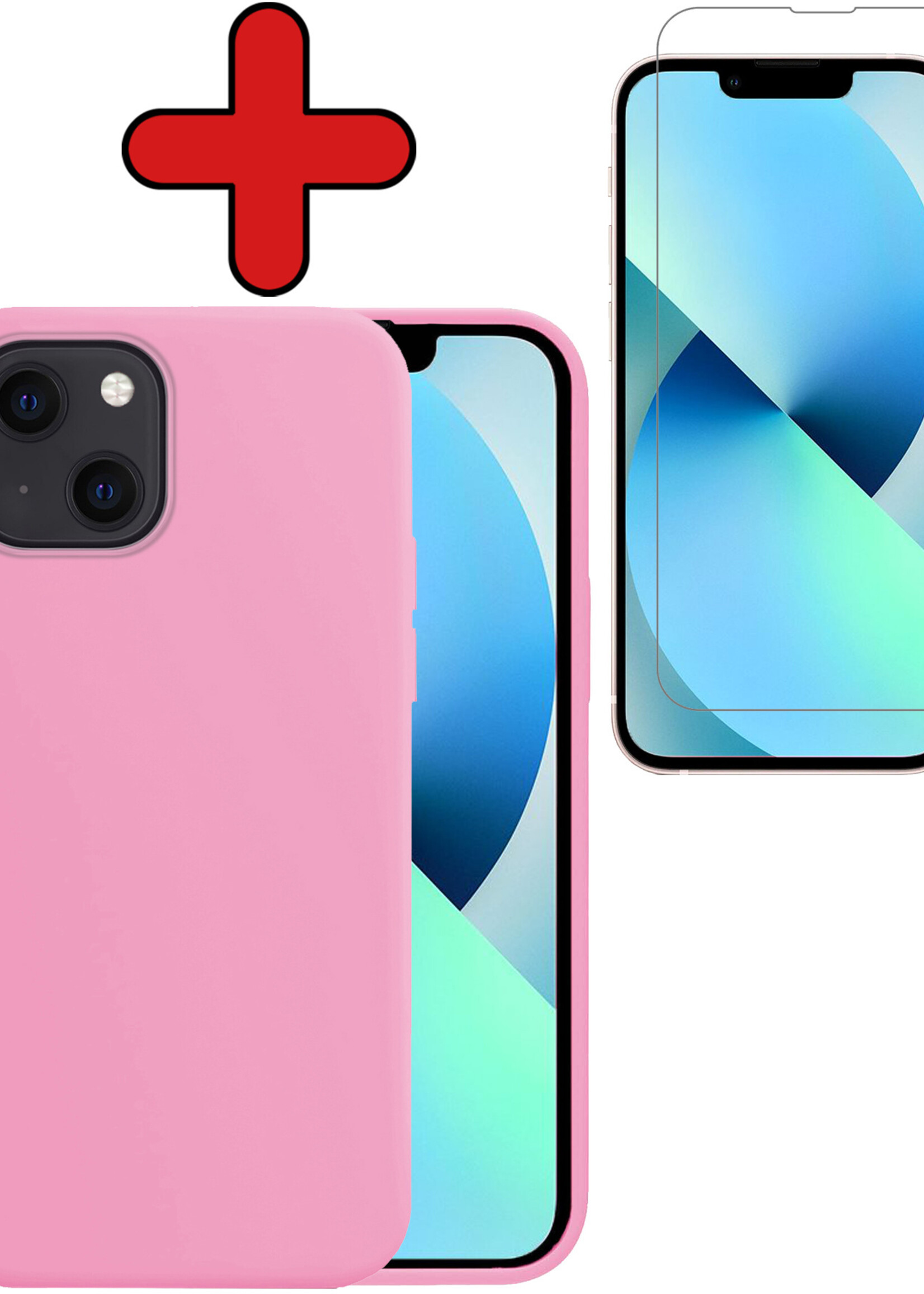 BTH Hoesje Geschikt voor iPhone 13 Hoesje Siliconen Case Hoes Met Screenprotector - Hoes Geschikt voor iPhone 13 Hoes Cover Case - Lichtroze