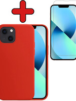 BTH BTH iPhone 13 Hoesje Siliconen Met Screenprotector Met Dichte Notch - Rood