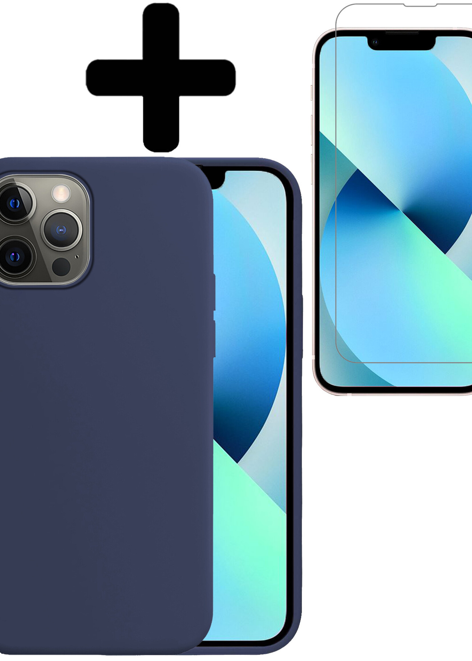BTH Hoesje Geschikt voor iPhone 13 Pro Hoesje Siliconen Case Hoes Met Screenprotector - Hoes Geschikt voor iPhone 13 Pro Hoes Cover Case - Donkerblauw