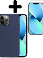 BTH BTH iPhone 13 Pro Max Hoesje Siliconen Met Screenprotector Met Dichte Notch - Donkerblauw