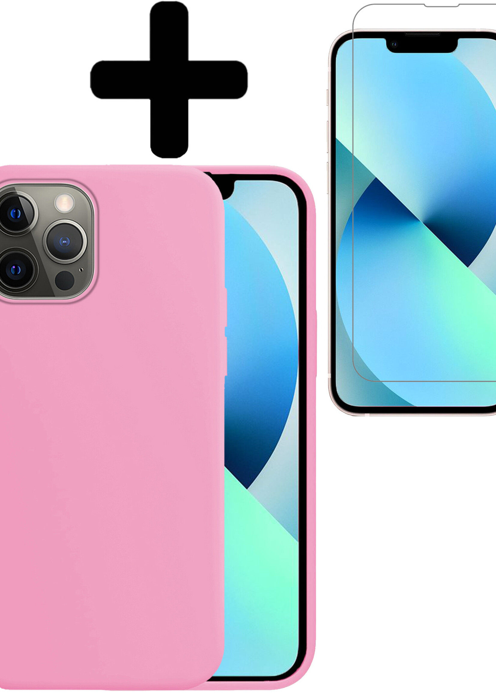BTH Hoesje Geschikt voor iPhone 13 Pro Max Hoesje Siliconen Case Hoes Met Screenprotector - Hoes Geschikt voor iPhone 13 Pro Max Hoes Cover Case - Lichtroze