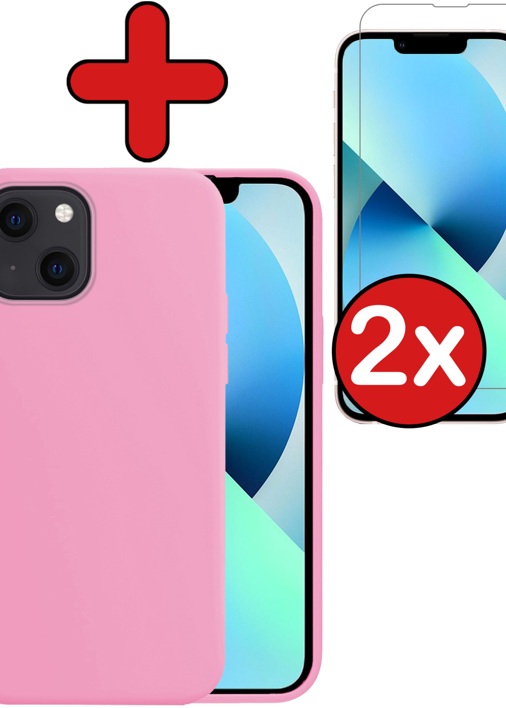 BTH Hoesje Geschikt voor iPhone 13 Mini Hoesje Siliconen Case Hoes Met 2x Screenprotector - Hoes Geschikt voor iPhone 13 Mini Hoes Cover Case - Lichtroze