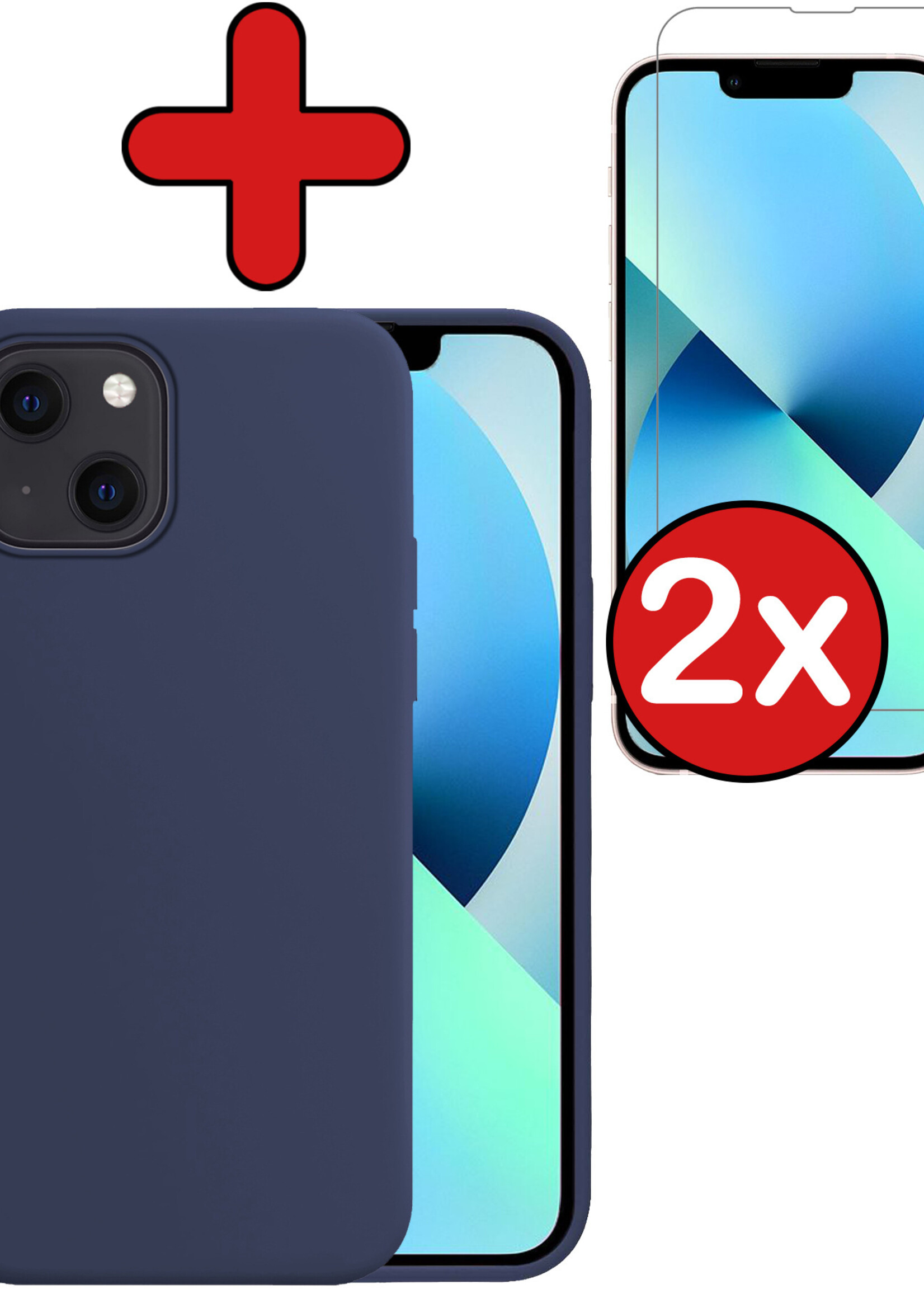 BTH Hoesje Geschikt voor iPhone 13 Hoesje Siliconen Case Hoes Met 2x Screenprotector - Hoes Geschikt voor iPhone 13 Hoes Cover Case - Donkerblauw