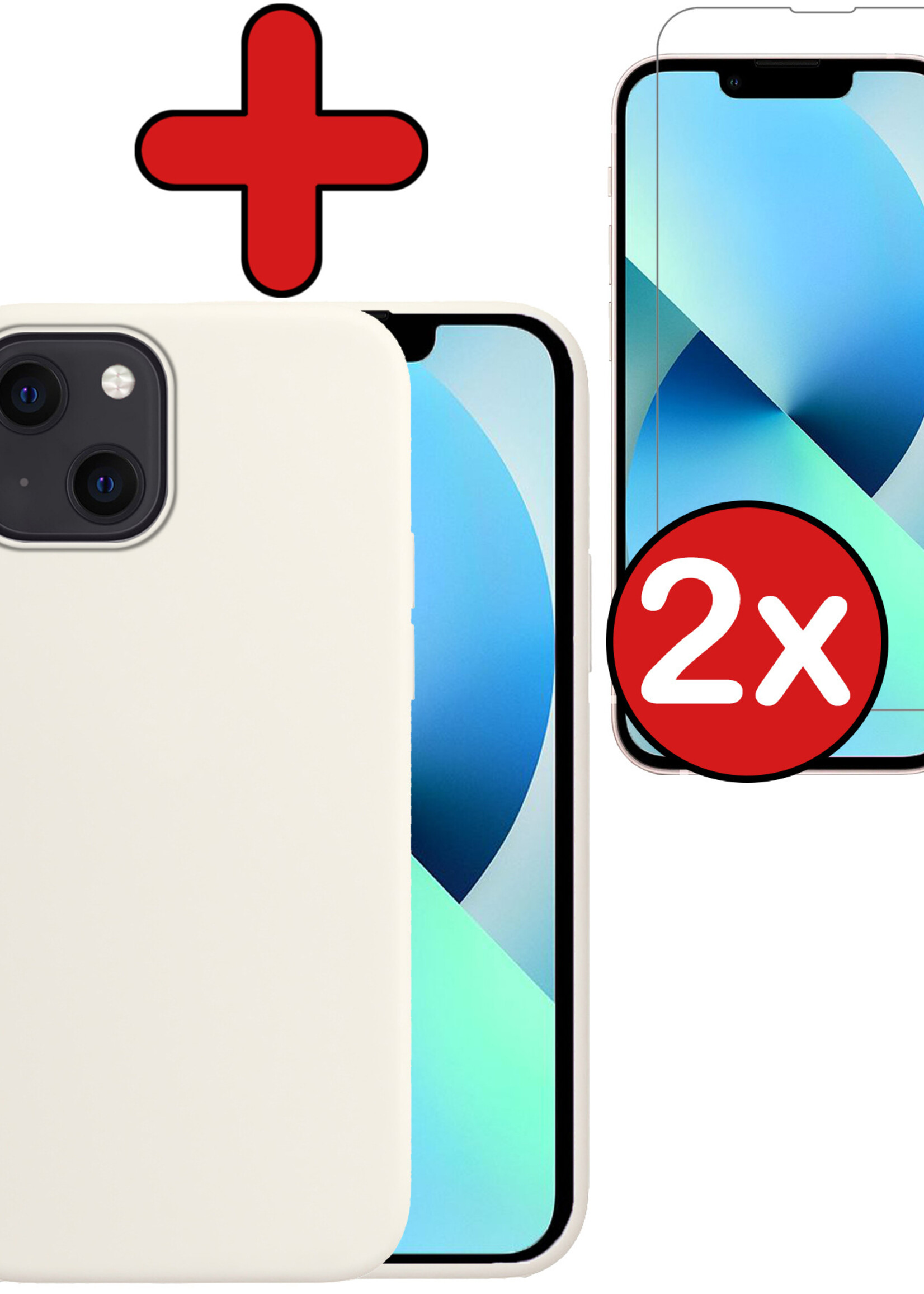 BTH Hoesje Geschikt voor iPhone 13 Hoesje Siliconen Case Hoes Met 2x Screenprotector - Hoes Geschikt voor iPhone 13 Hoes Cover Case - Wit