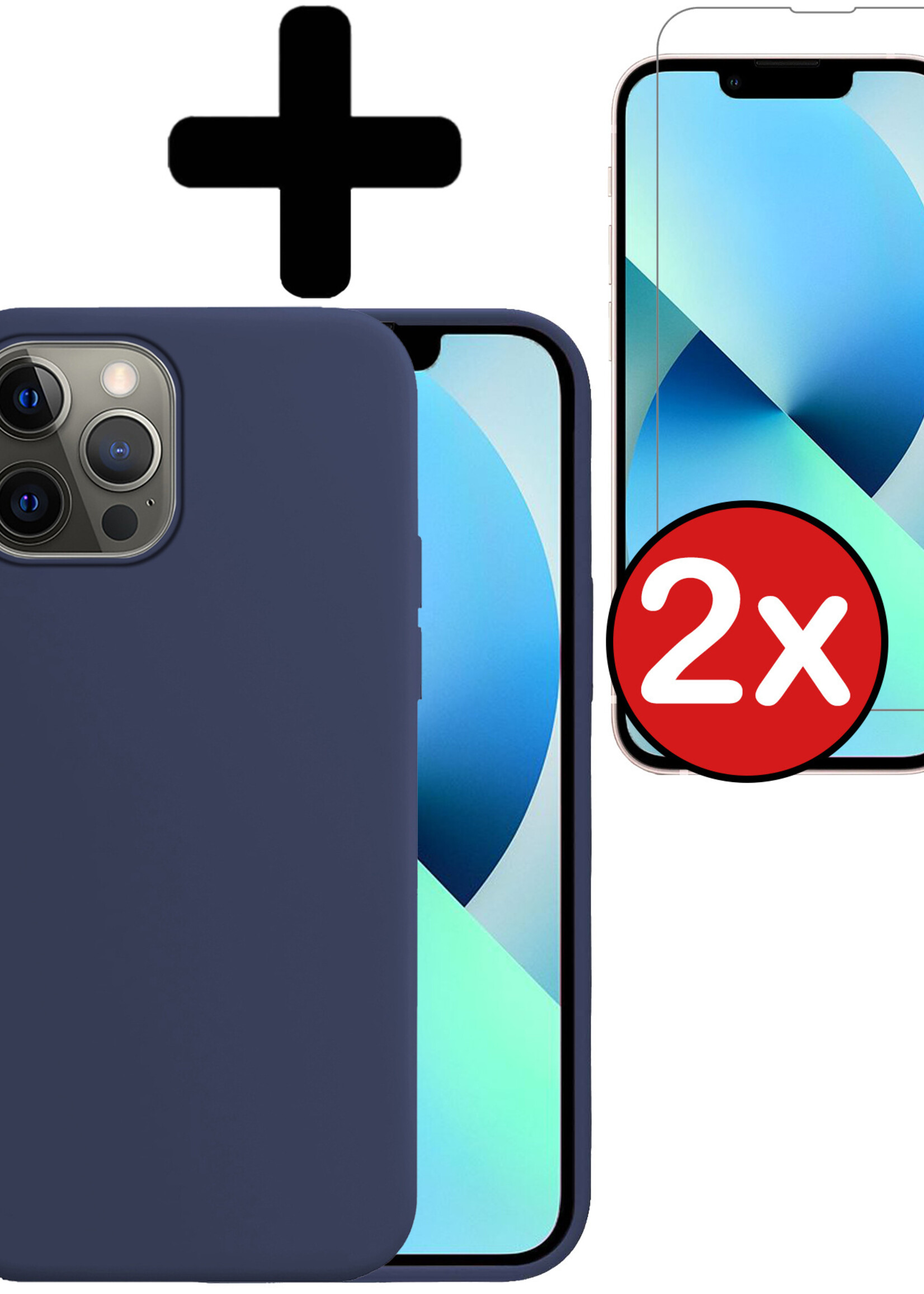BTH Hoesje Geschikt voor iPhone 13 Pro Hoesje Siliconen Case Hoes Met 2x Screenprotector - Hoes Geschikt voor iPhone 13 Pro Hoes Cover Case - Donkerblauw