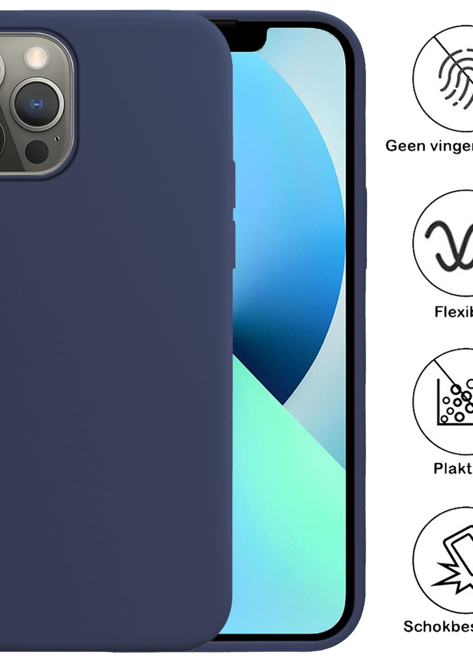 BTH Hoesje Geschikt voor iPhone 13 Pro Hoesje Siliconen Case Hoes Met 2x Screenprotector - Hoes Geschikt voor iPhone 13 Pro Hoes Cover Case - Donkerblauw