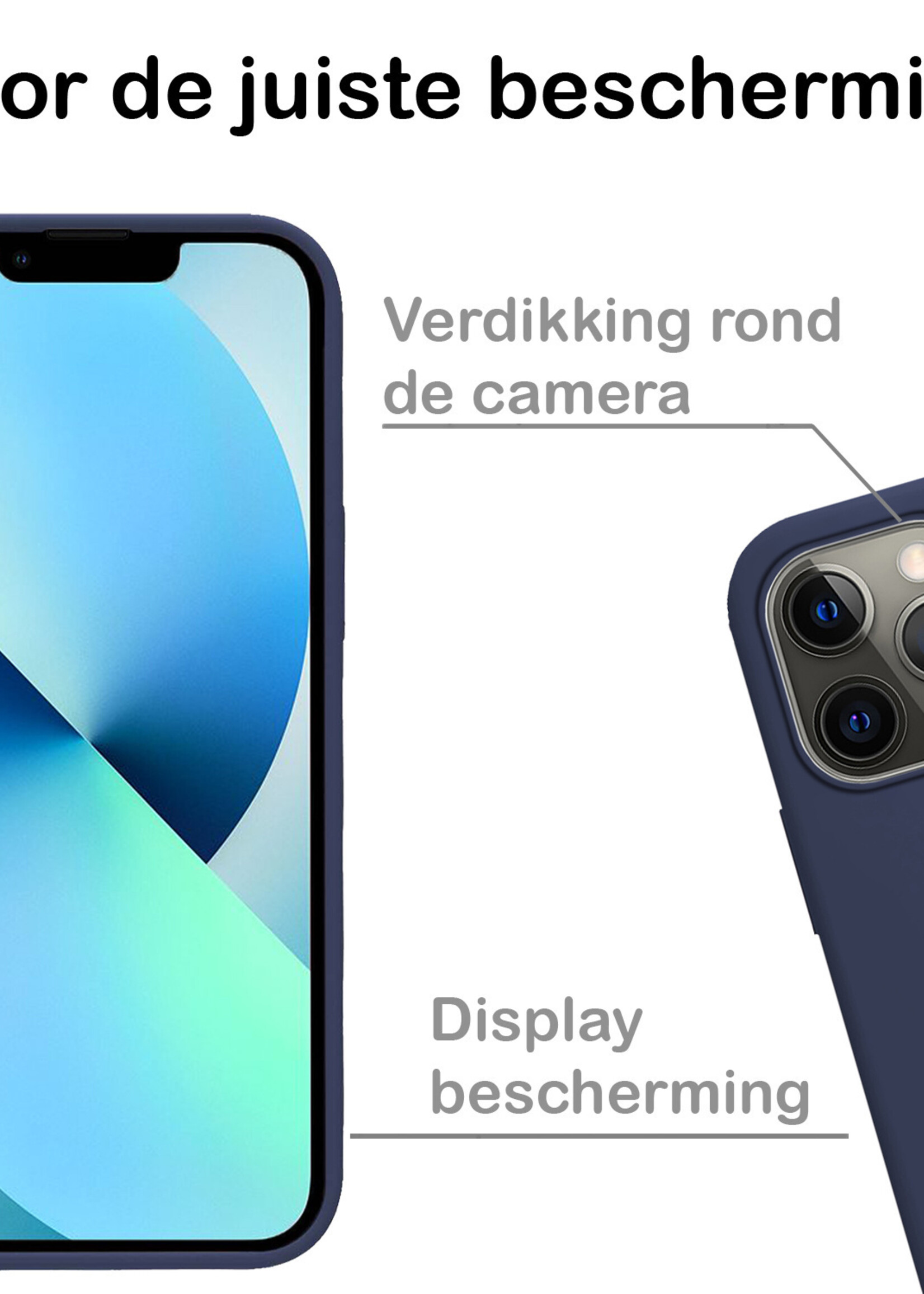 BTH Hoesje Geschikt voor iPhone 13 Pro Hoesje Siliconen Case Hoes Met 2x Screenprotector - Hoes Geschikt voor iPhone 13 Pro Hoes Cover Case - Donkerblauw