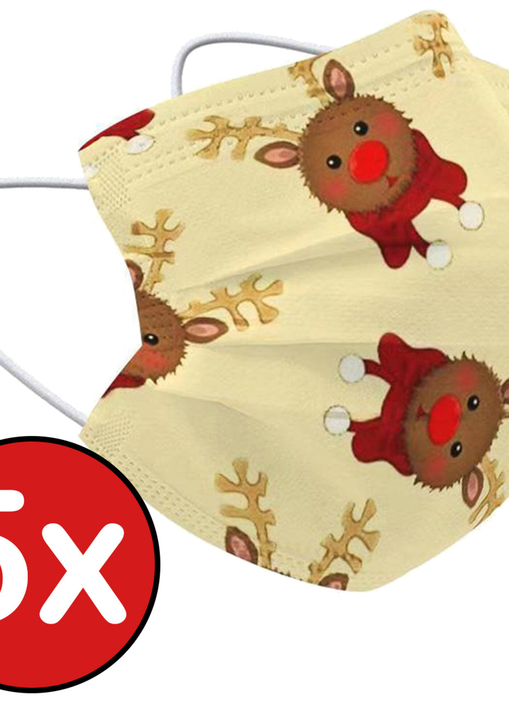 BTH Mondkapje Kerst Wegwerp Mondmasker Mondkapjes Niet Medisch Universeel - Geel x Rendier - 5x