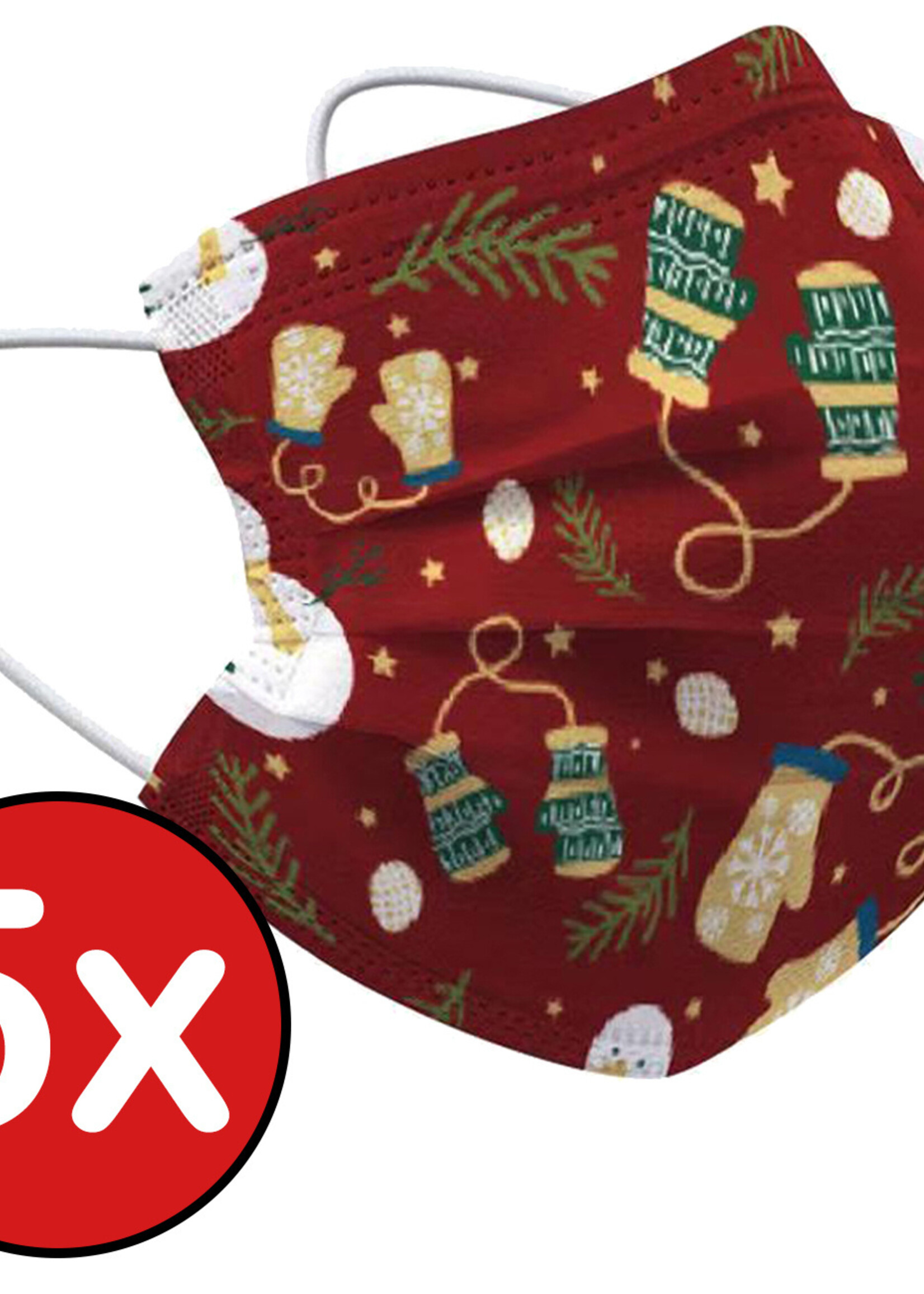 BTH Mondkapje Kerst Wegwerp Mondmasker Mondkapjes Niet Medisch Universeel - Rood x Wanten - 5x
