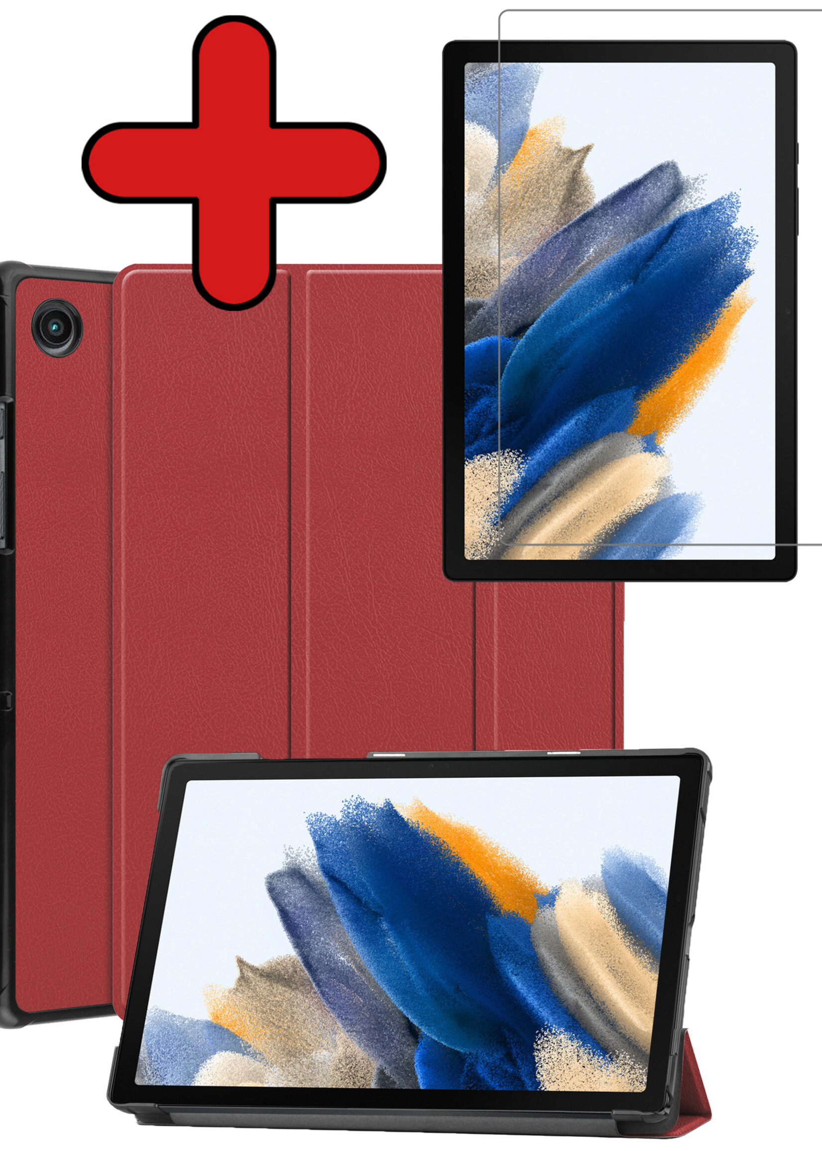 BTH Hoes Geschikt voor Samsung Galaxy Tab A8 Hoes Book Case Hoesje Trifold Cover Met Screenprotector - Hoesje Geschikt voor Samsung Tab A8 Hoesje Bookcase - Donkerrood