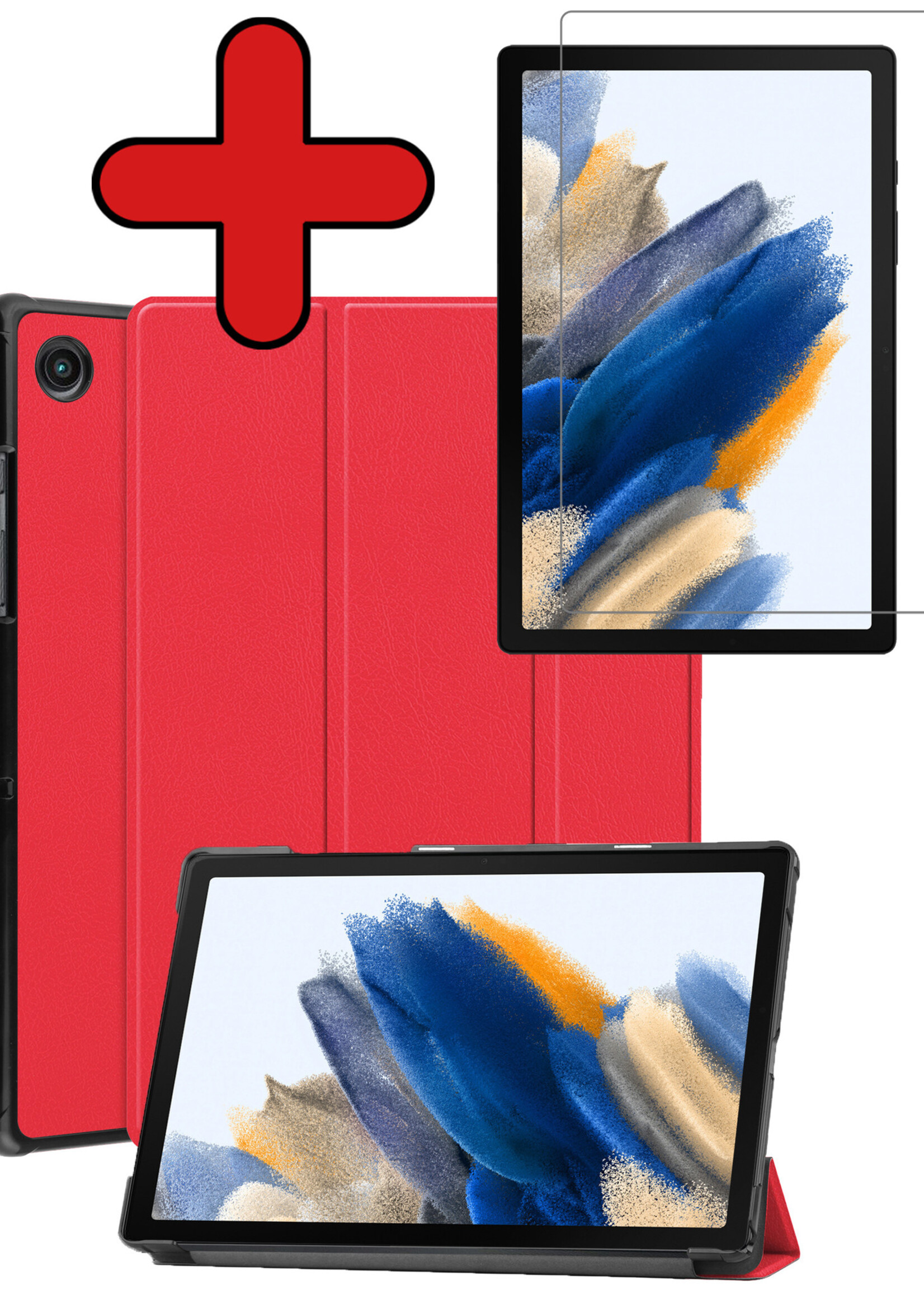 BTH Hoes Geschikt voor Samsung Galaxy Tab A8 Hoes Book Case Hoesje Trifold Cover Met Screenprotector - Hoesje Geschikt voor Samsung Tab A8 Hoesje Bookcase - Rood