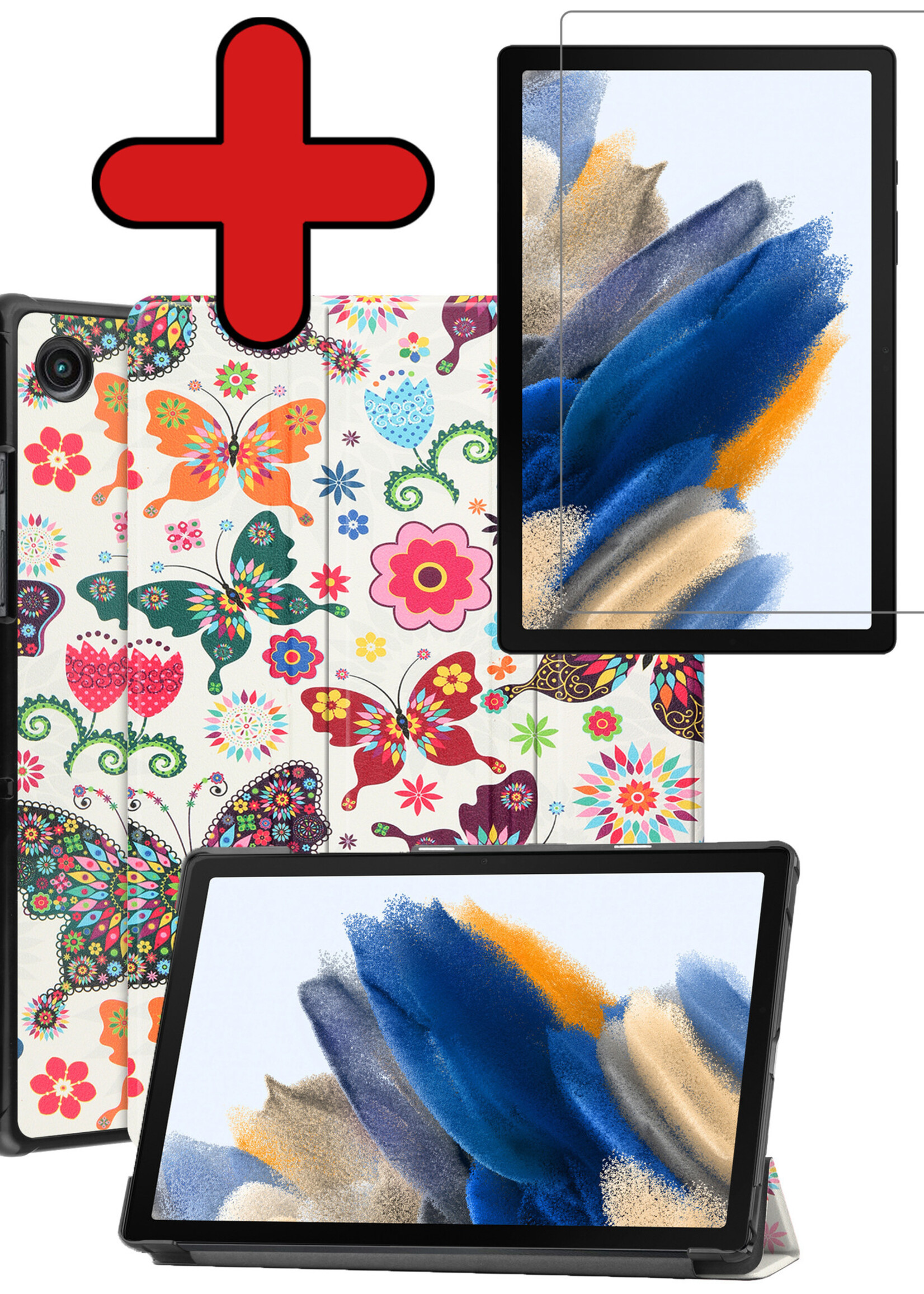 BTH Hoes Geschikt voor Samsung Galaxy Tab A8 Hoes Book Case Hoesje Trifold Cover Met Screenprotector - Hoesje Geschikt voor Samsung Tab A8 Hoesje Bookcase - Vlinders