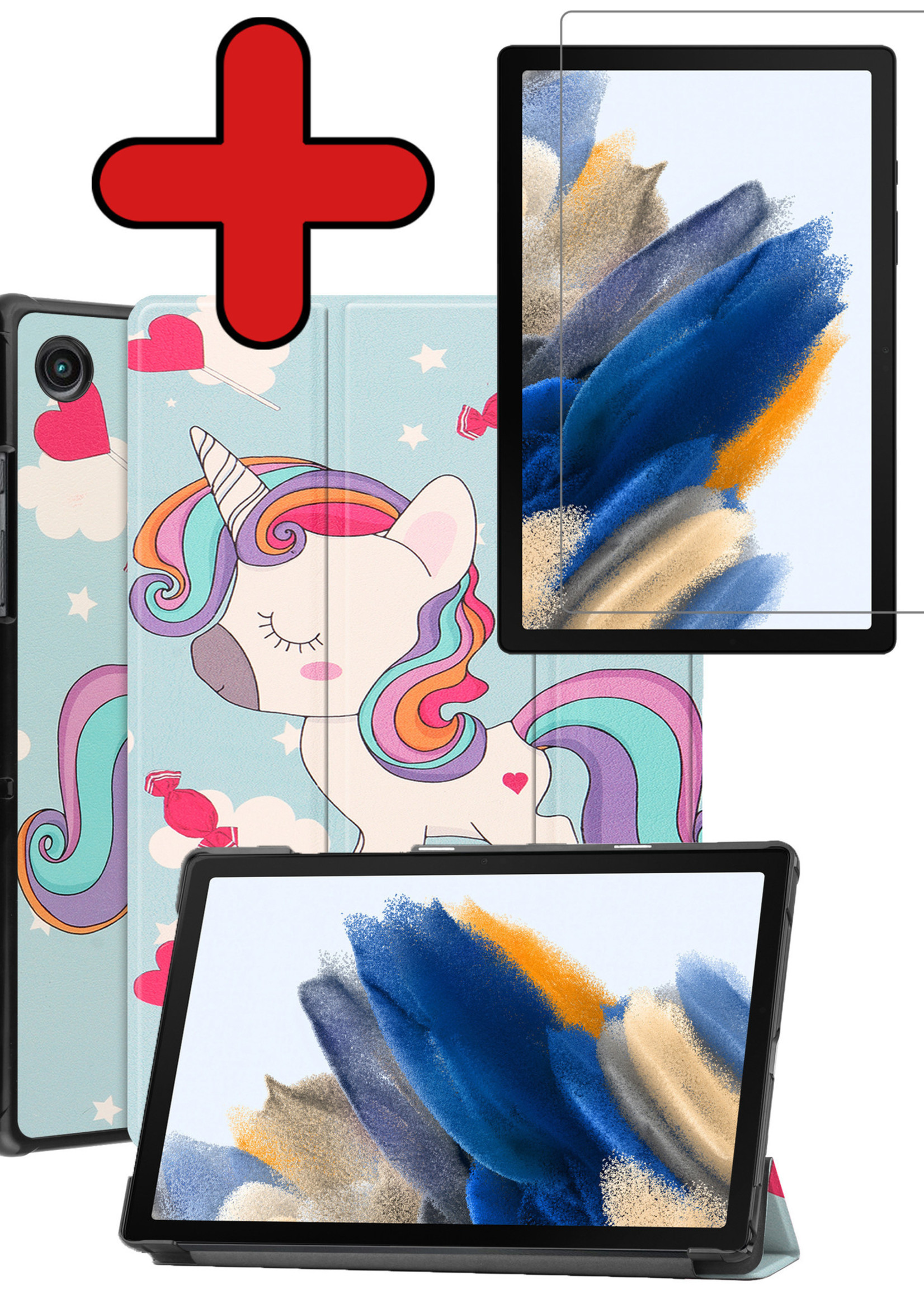 BTH Hoes Geschikt voor Samsung Galaxy Tab A8 Hoes Book Case Hoesje Trifold Cover Met Screenprotector - Hoesje Geschikt voor Samsung Tab A8 Hoesje Bookcase - Eenhoorn