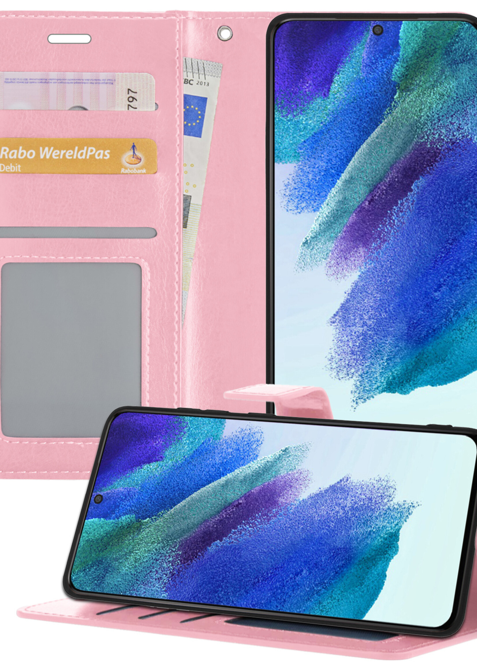 BTH Samsung S21 FE Hoesje Book Case Hoes - Samsung Galaxy S21 FE Case Hoesje Portemonnee Cover - Samsung S21 FE Hoes Wallet Case Hoesje - Licht Roze
