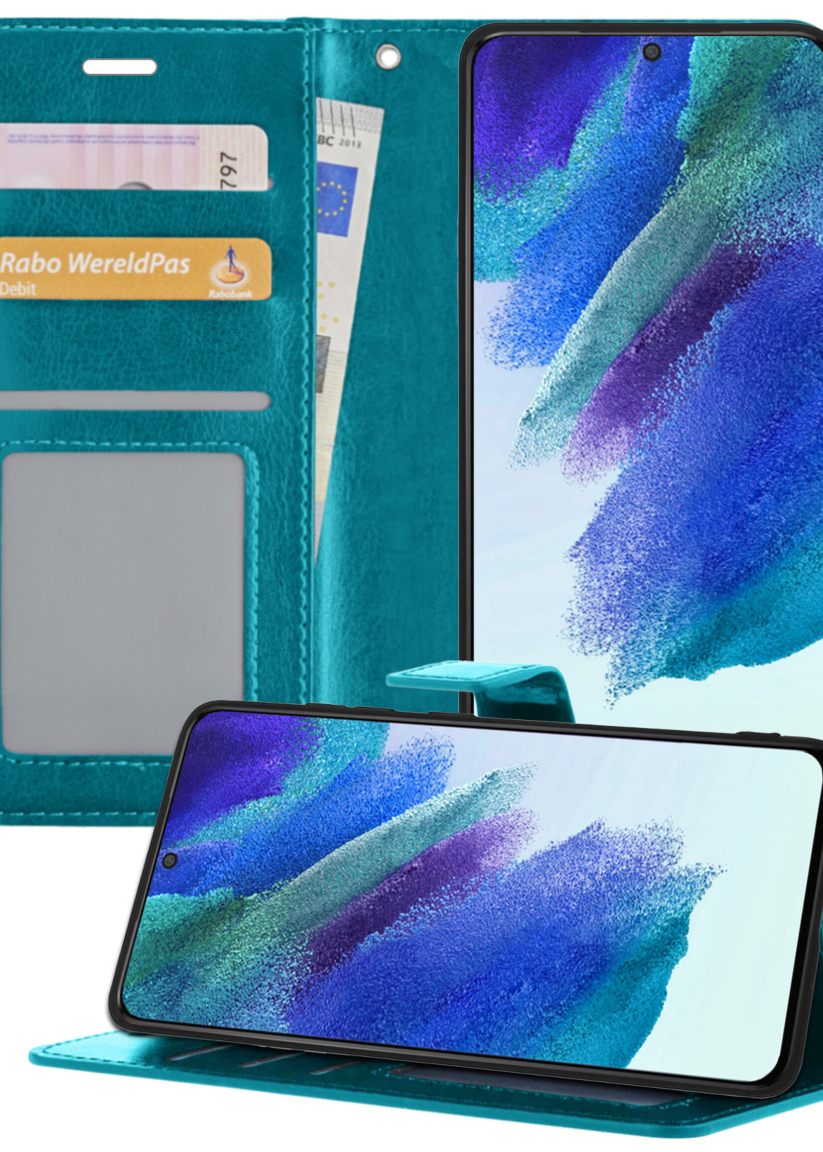BTH Samsung S21 FE Hoesje Book Case Hoes - Samsung Galaxy S21 FE Case Hoesje Portemonnee Cover - Samsung S21 FE Hoes Wallet Case Hoesje - Turquoise