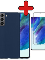 BTH BTH Samsung Galaxy S21FE Hoesje Siliconen Met Screenprotector - Donkerblauw