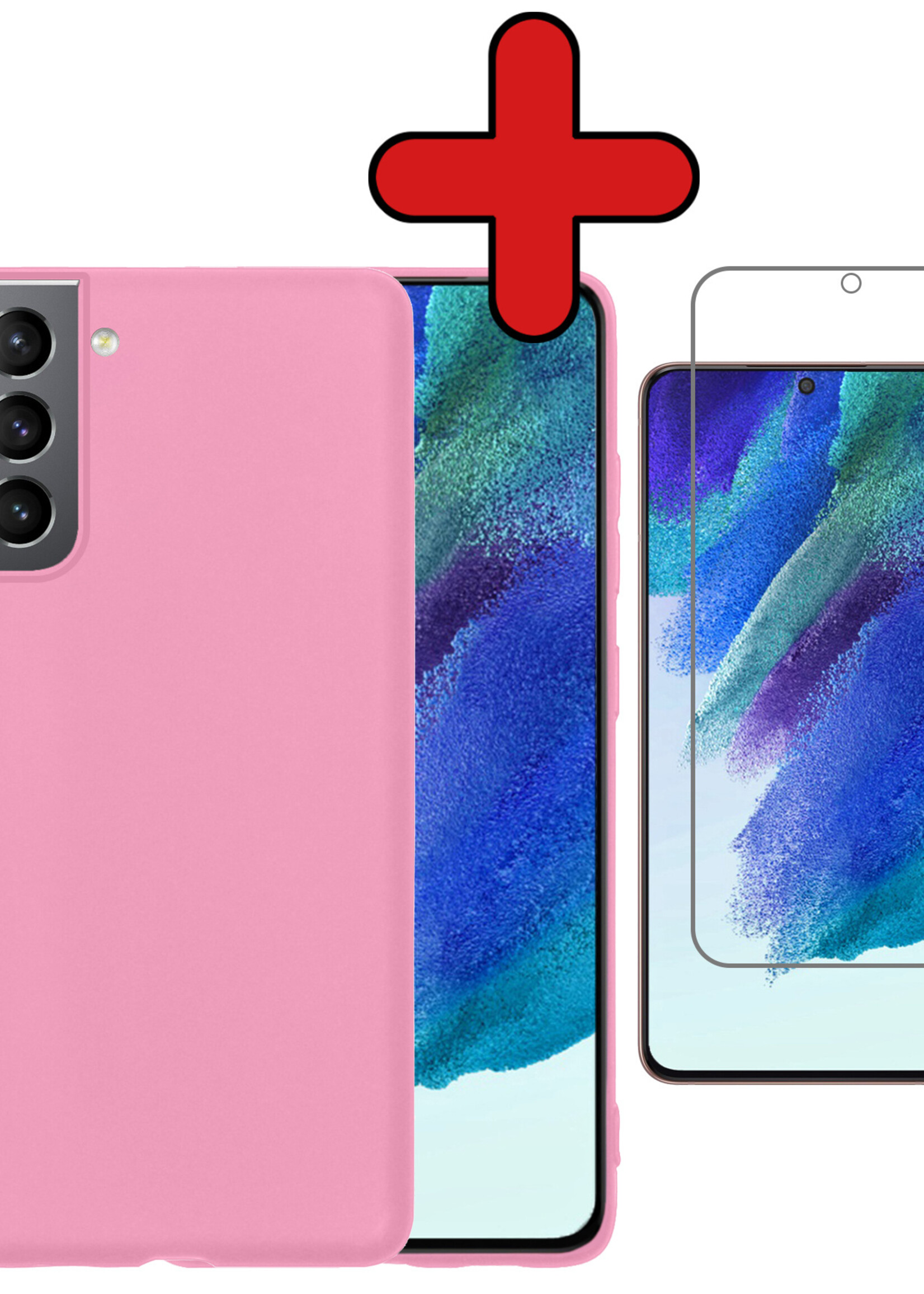 BTH Hoesje Geschikt voor Samsung S21 FE Hoesje Siliconen Case Hoes Met Screenprotector - Hoes Geschikt voor Samsung Galaxy S21 FE Hoes Cover Case - Lichtroze