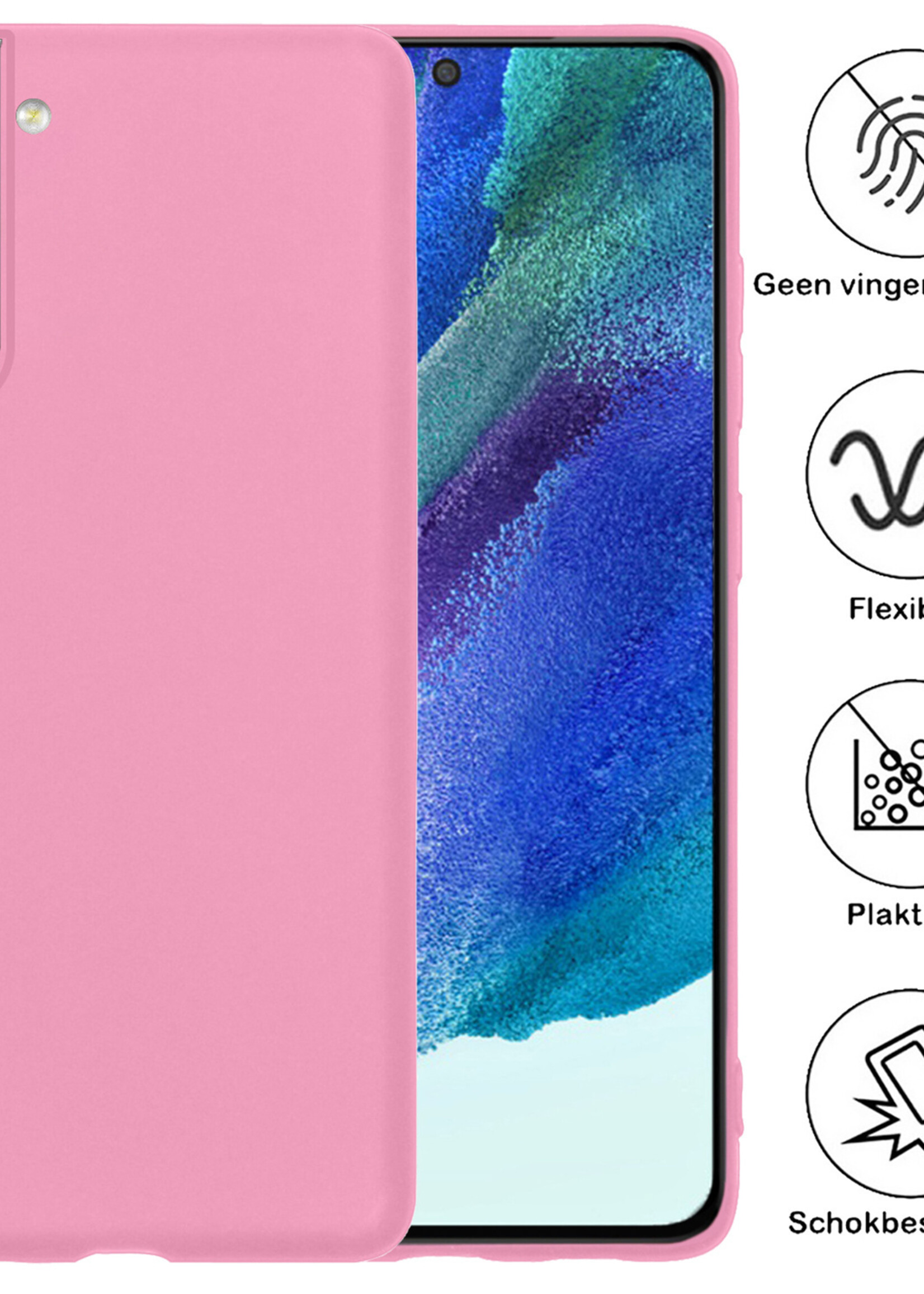 BTH Hoesje Geschikt voor Samsung S21 FE Hoesje Siliconen Case Hoes Met Screenprotector - Hoes Geschikt voor Samsung Galaxy S21 FE Hoes Cover Case - Lichtroze
