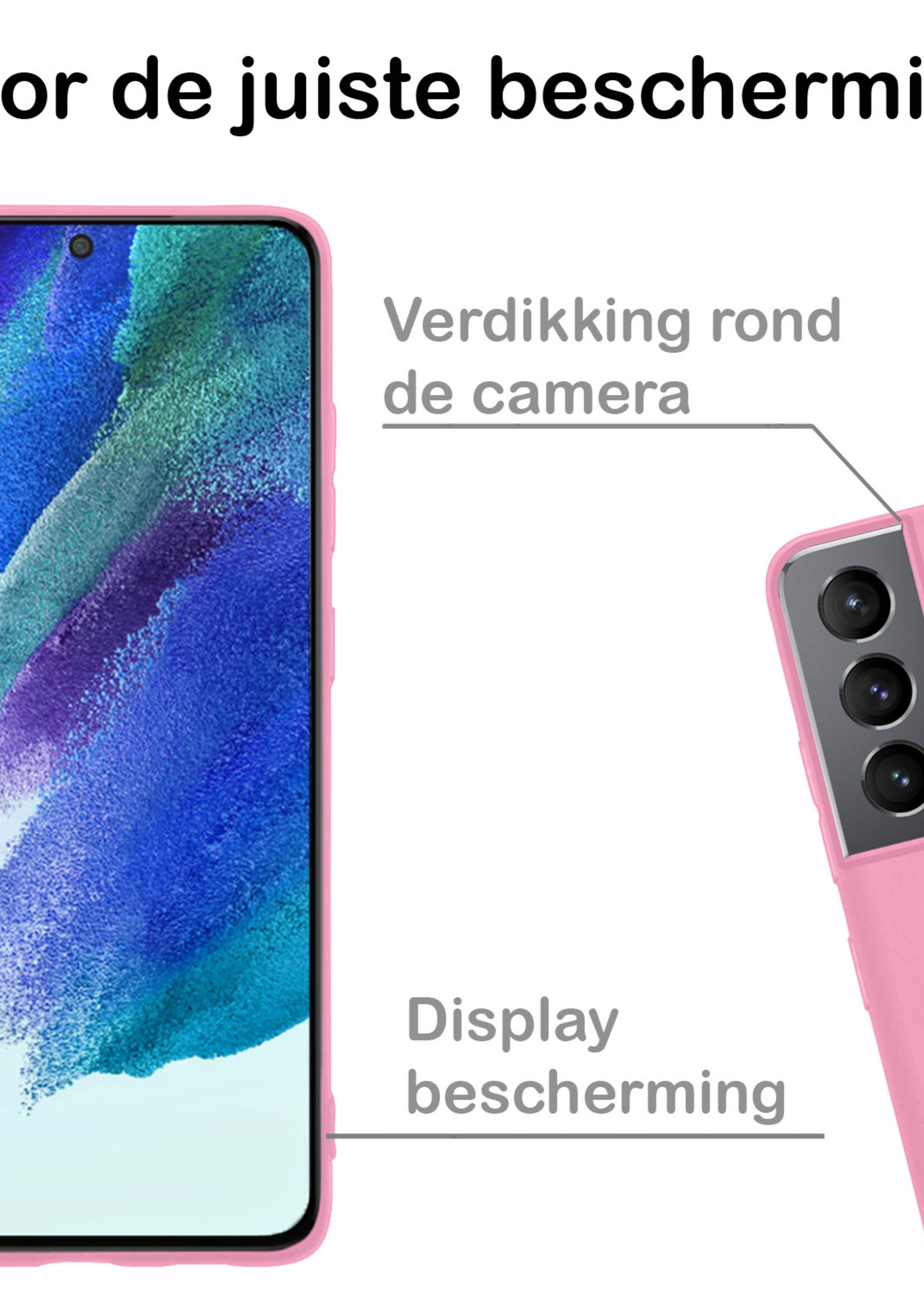 BTH Hoesje Geschikt voor Samsung S21 FE Hoesje Siliconen Case Hoes Met Screenprotector - Hoes Geschikt voor Samsung Galaxy S21 FE Hoes Cover Case - Lichtroze