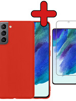 BTH BTH Samsung Galaxy S21FE Hoesje Siliconen Met Screenprotector - Rood