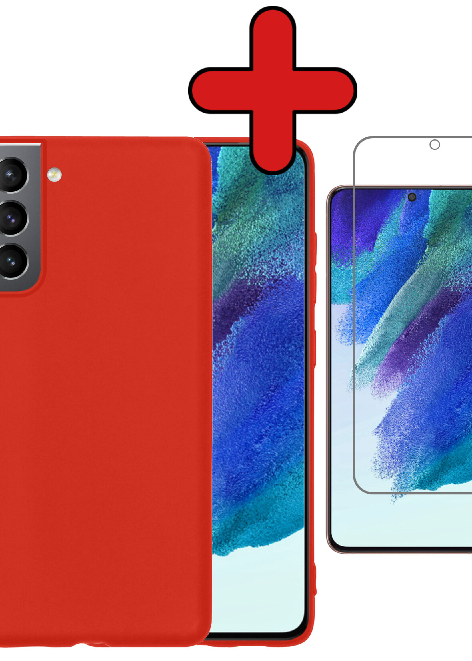 BTH Hoesje Geschikt voor Samsung S21 FE Hoesje Siliconen Case Hoes Met Screenprotector - Hoes Geschikt voor Samsung Galaxy S21 FE Hoes Cover Case - Rood
