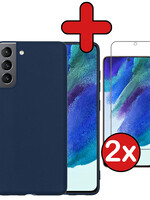 BTH BTH Samsung Galaxy S21FE Hoesje Siliconen Met 2x Screenprotector - Donkerblauw