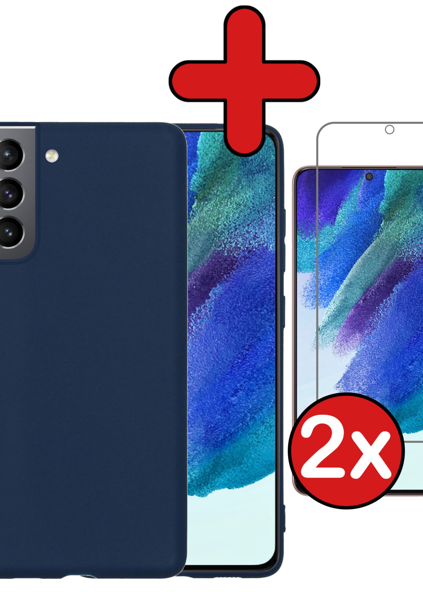 BTH Hoesje Geschikt voor Samsung S21 FE Hoesje Siliconen Case Hoes Met 2x Screenprotector - Hoes Geschikt voor Samsung Galaxy S21 FE Hoes Cover Case - Donkerblauw