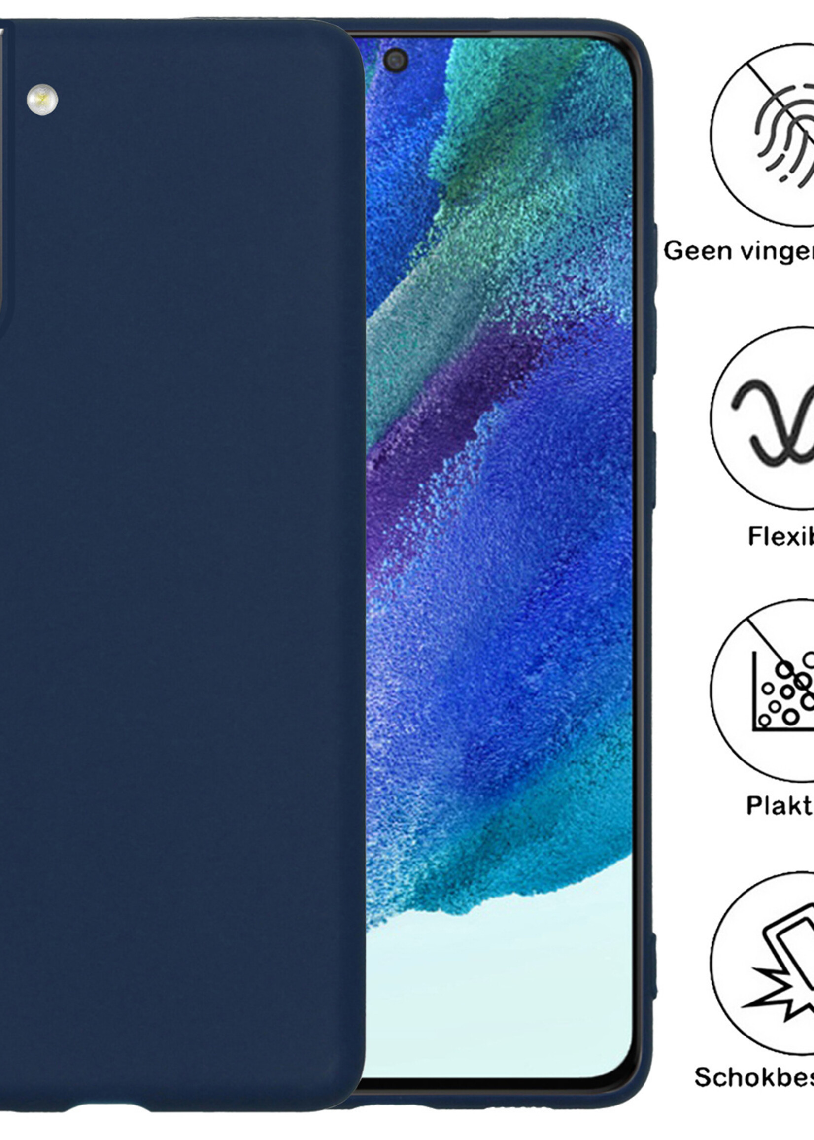 BTH Hoesje Geschikt voor Samsung S21 FE Hoesje Siliconen Case Hoes Met 2x Screenprotector - Hoes Geschikt voor Samsung Galaxy S21 FE Hoes Cover Case - Donkerblauw