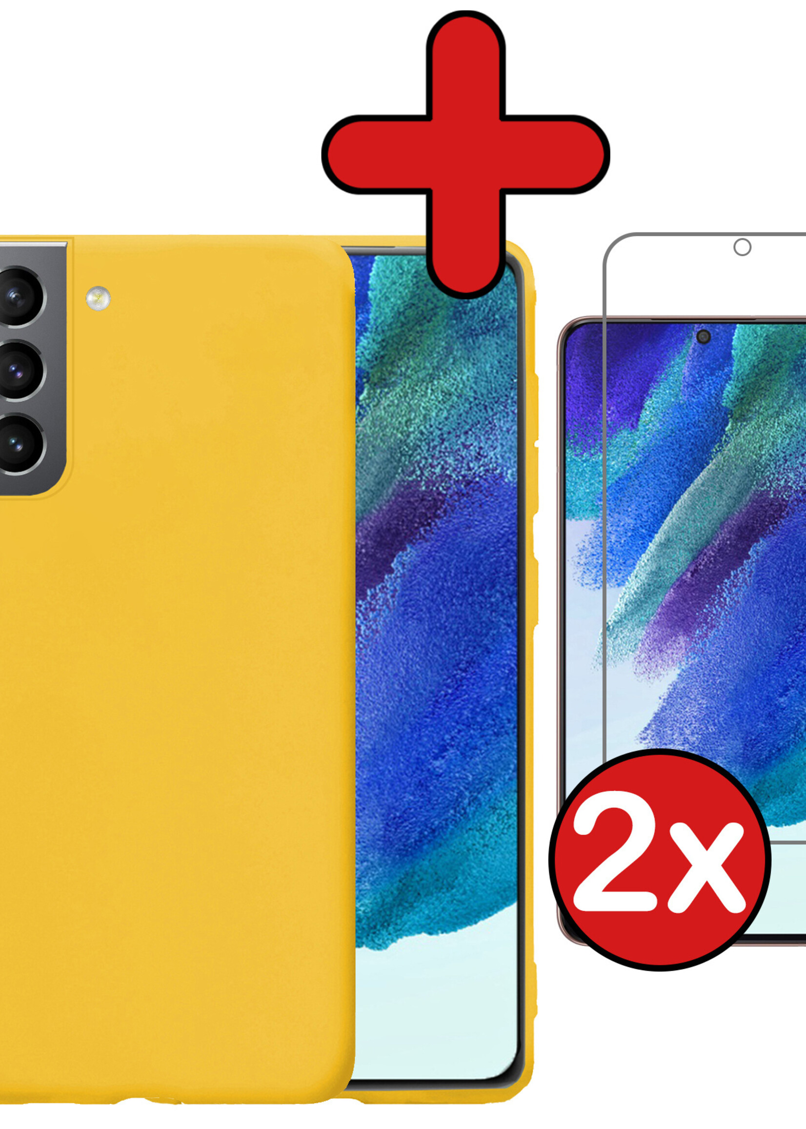 BTH Hoesje Geschikt voor Samsung S21 FE Hoesje Siliconen Case Hoes Met 2x Screenprotector - Hoes Geschikt voor Samsung Galaxy S21 FE Hoes Cover Case - Geel
