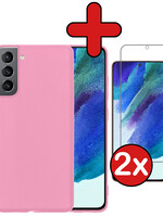 BTH BTH Samsung Galaxy S21FE Hoesje Siliconen Met 2x Screenprotector - Lichtroze
