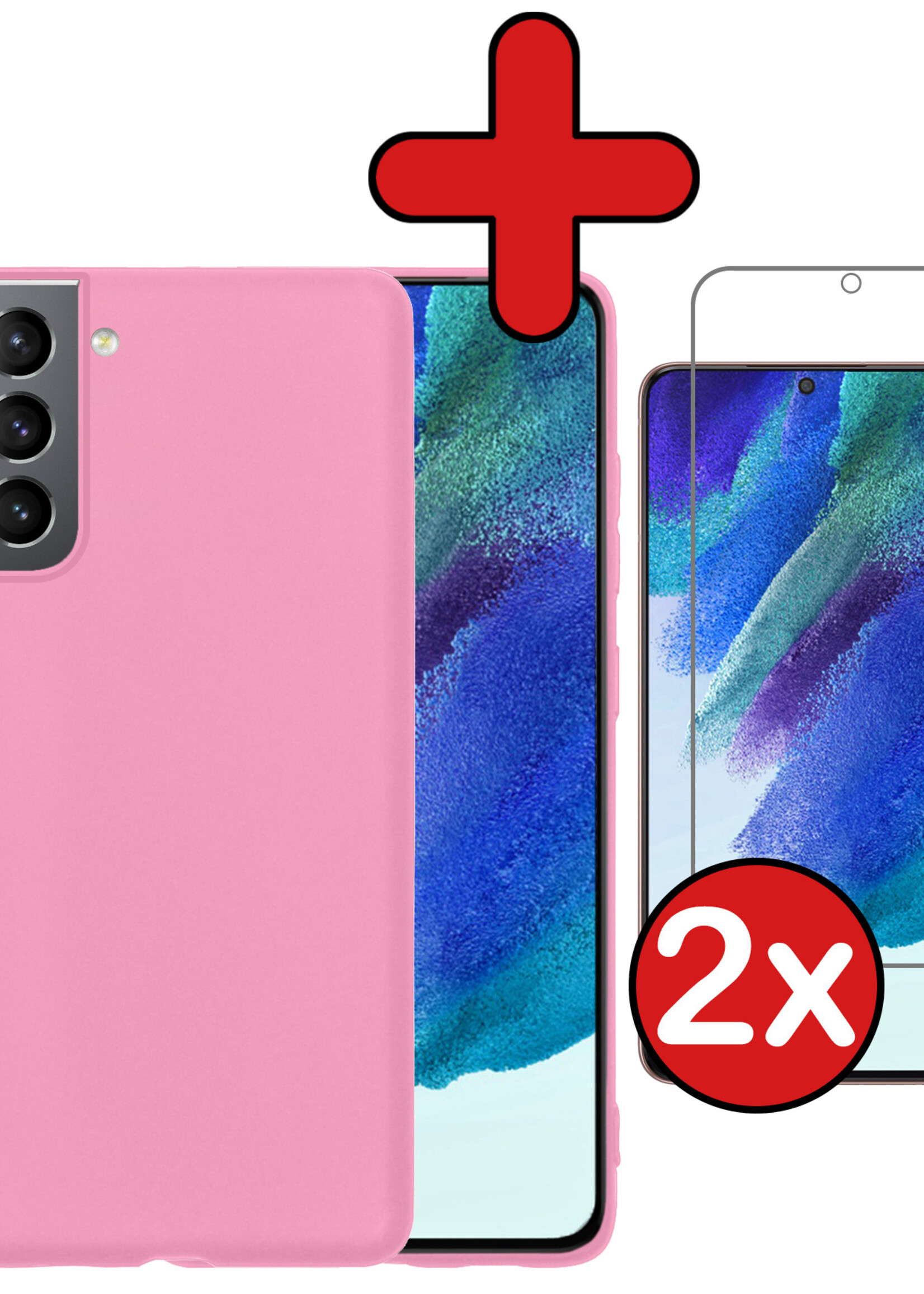BTH Hoesje Geschikt voor Samsung S21 FE Hoesje Siliconen Case Hoes Met 2x Screenprotector - Hoes Geschikt voor Samsung Galaxy S21 FE Hoes Cover Case - Lichtroze