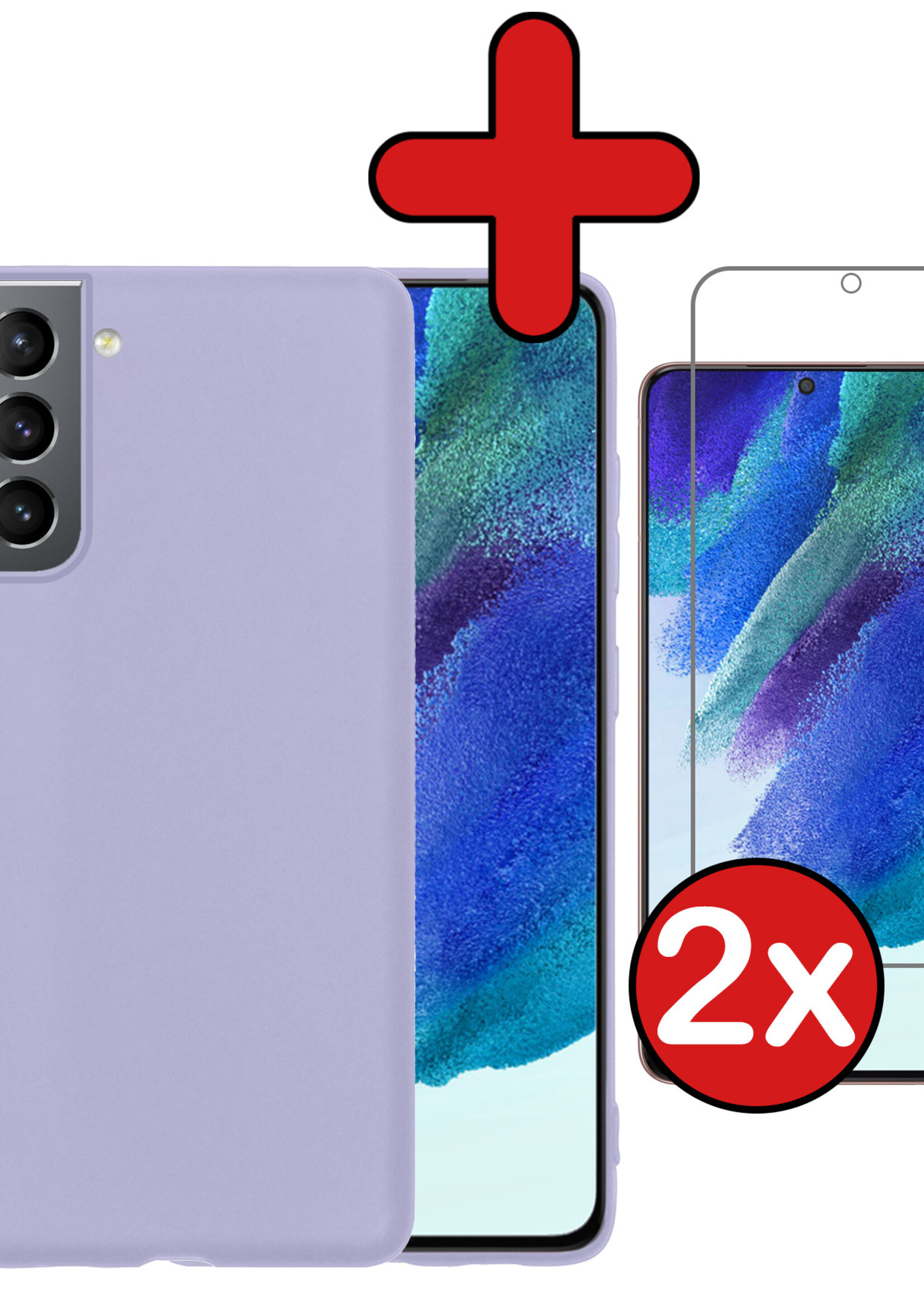 BTH Hoesje Geschikt voor Samsung S21 FE Hoesje Siliconen Case Hoes Met 2x Screenprotector - Hoes Geschikt voor Samsung Galaxy S21 FE Hoes Cover Case - Lila