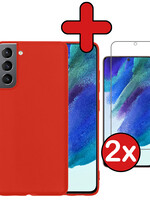 BTH BTH Samsung Galaxy S21FE Hoesje Siliconen Met 2x Screenprotector - Rood