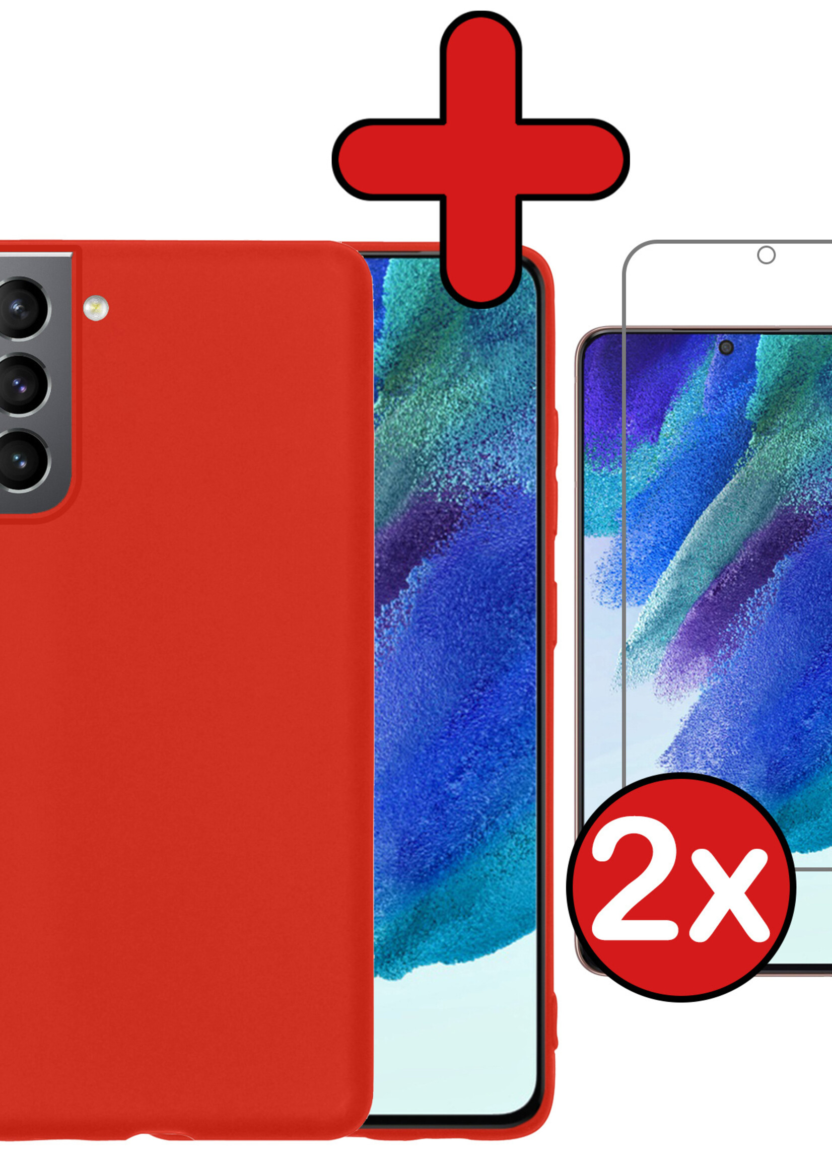 BTH Hoesje Geschikt voor Samsung S21 FE Hoesje Siliconen Case Hoes Met 2x Screenprotector - Hoes Geschikt voor Samsung Galaxy S21 FE Hoes Cover Case - Rood