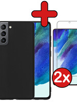 BTH BTH Samsung Galaxy S21FE Hoesje Siliconen Met 2x Screenprotector - Zwart