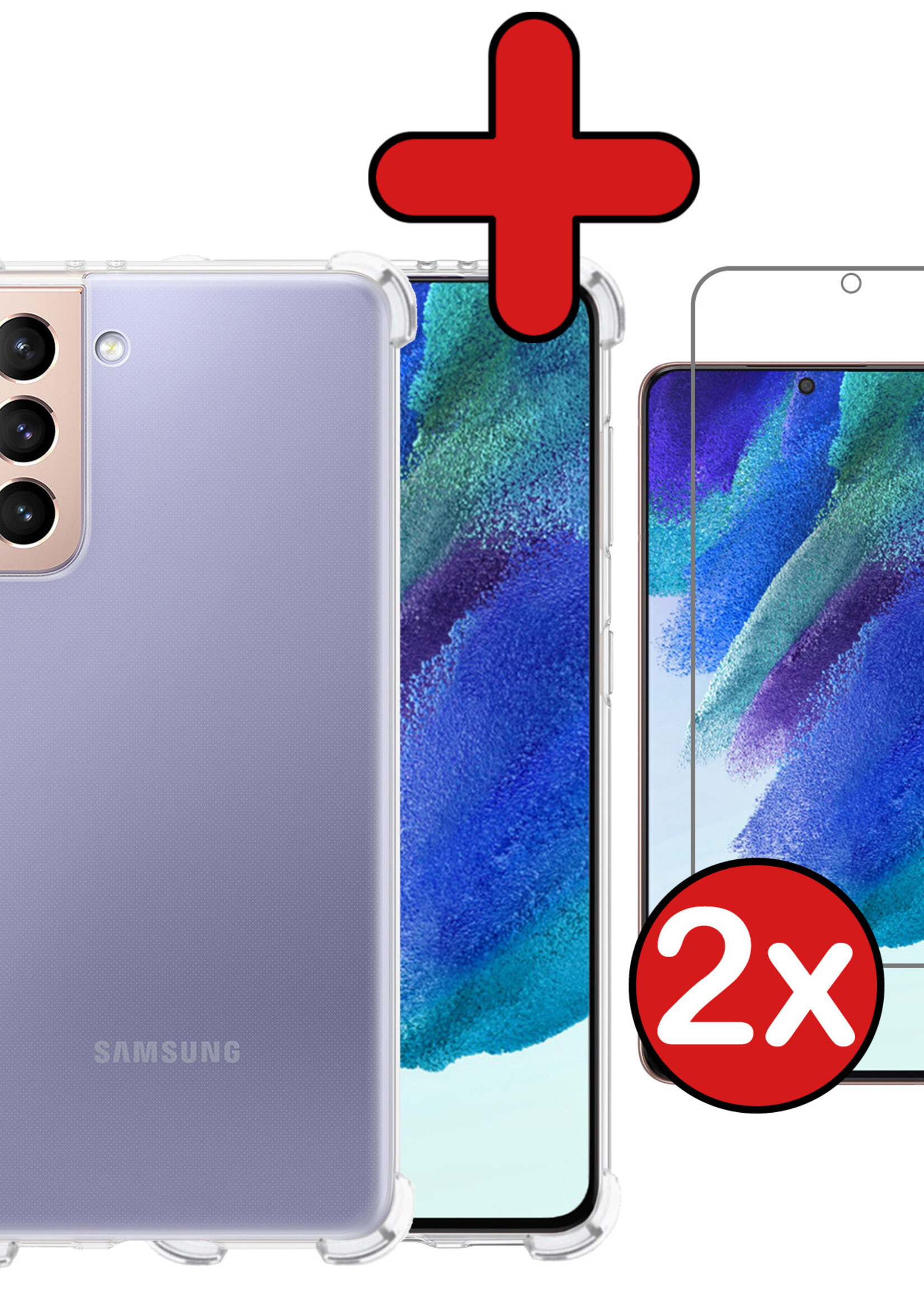 BTH Hoesje Geschikt voor Samsung S21 FE Hoesje Siliconen Shock Proof Case Hoes Met 2x Screenprotector - Hoes Geschikt voor Samsung Galaxy S21 FE Hoes Cover Case Shockproof - Transparant