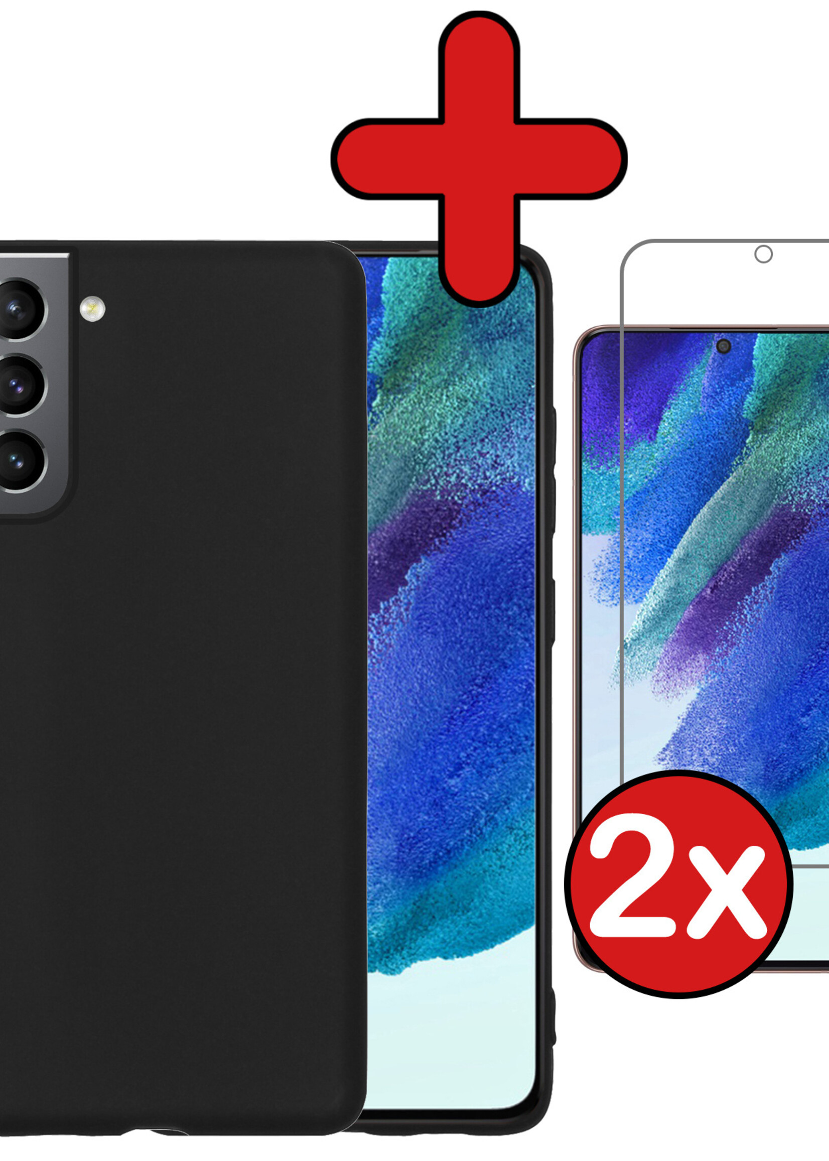 BTH Hoesje Geschikt voor Samsung S21 FE Hoesje Siliconen Case Hoes Met 2x Screenprotector - Hoes Geschikt voor Samsung Galaxy S21 FE Hoes Cover Case - Zwart