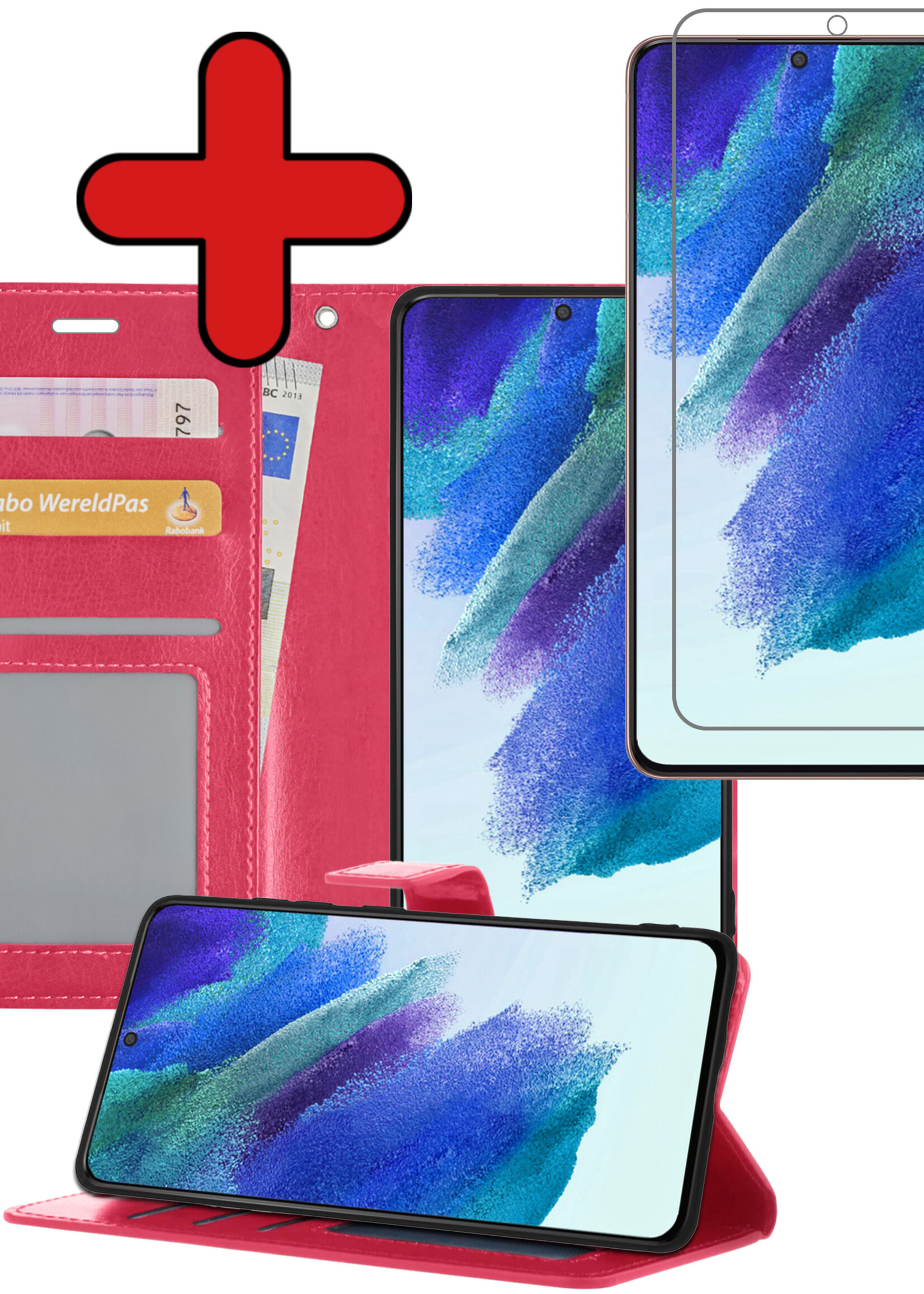 BTH Hoesje Geschikt voor Samsung S21 FE Hoesje Book Case Hoes Portemonnee Cover Walletcase Met Screenprotector - Hoes Geschikt voor Samsung Galaxy S21 FE Hoes Bookcase Hoesje - Donkerroze