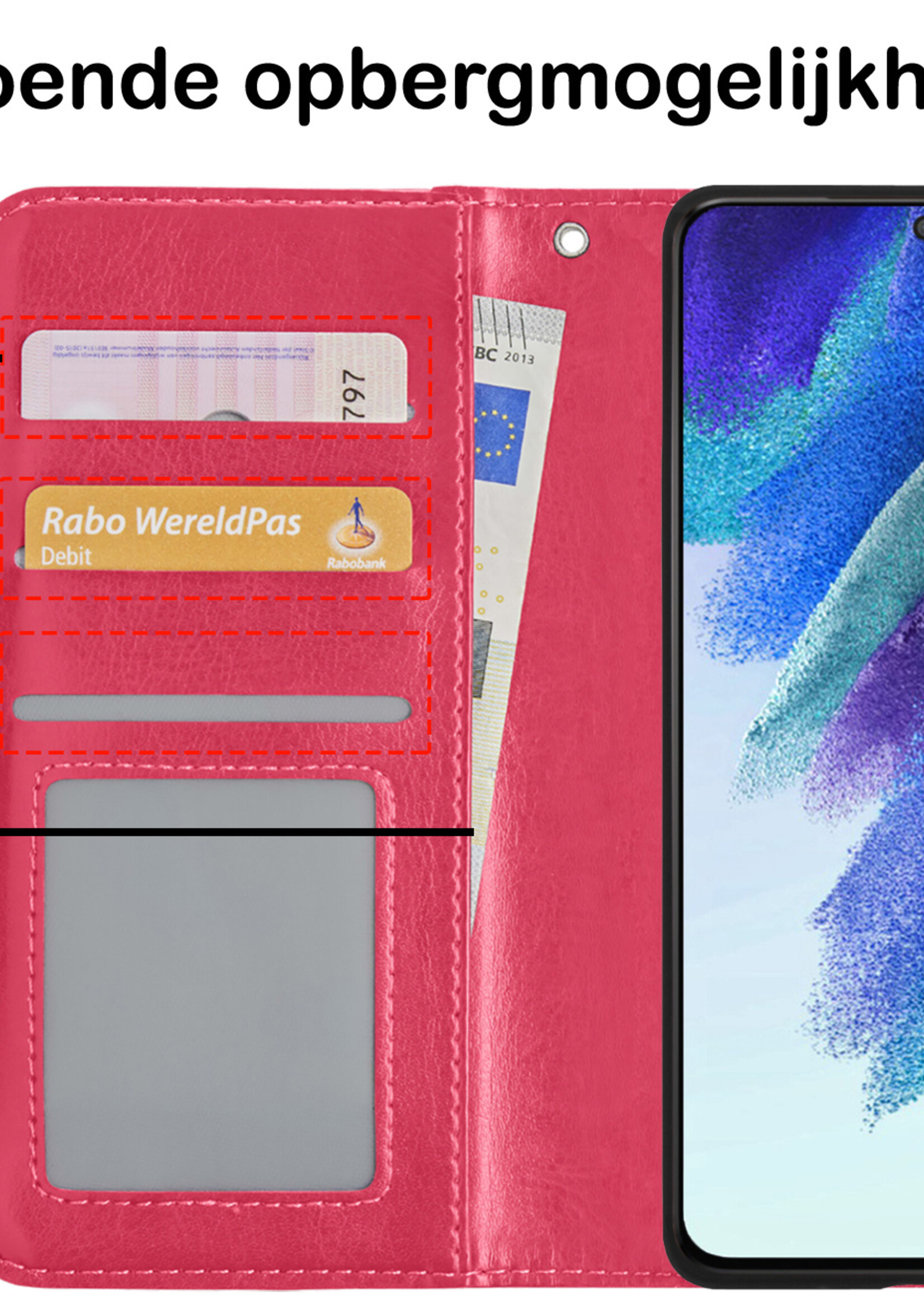 BTH Hoesje Geschikt voor Samsung S21 FE Hoesje Book Case Hoes Portemonnee Cover Walletcase Met Screenprotector - Hoes Geschikt voor Samsung Galaxy S21 FE Hoes Bookcase Hoesje - Donkerroze