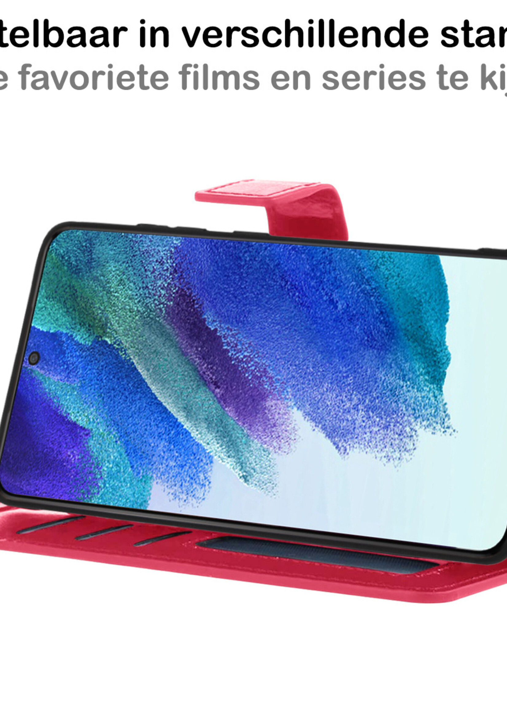 BTH Hoesje Geschikt voor Samsung S21 FE Hoesje Book Case Hoes Portemonnee Cover Walletcase Met Screenprotector - Hoes Geschikt voor Samsung Galaxy S21 FE Hoes Bookcase Hoesje - Donkerroze