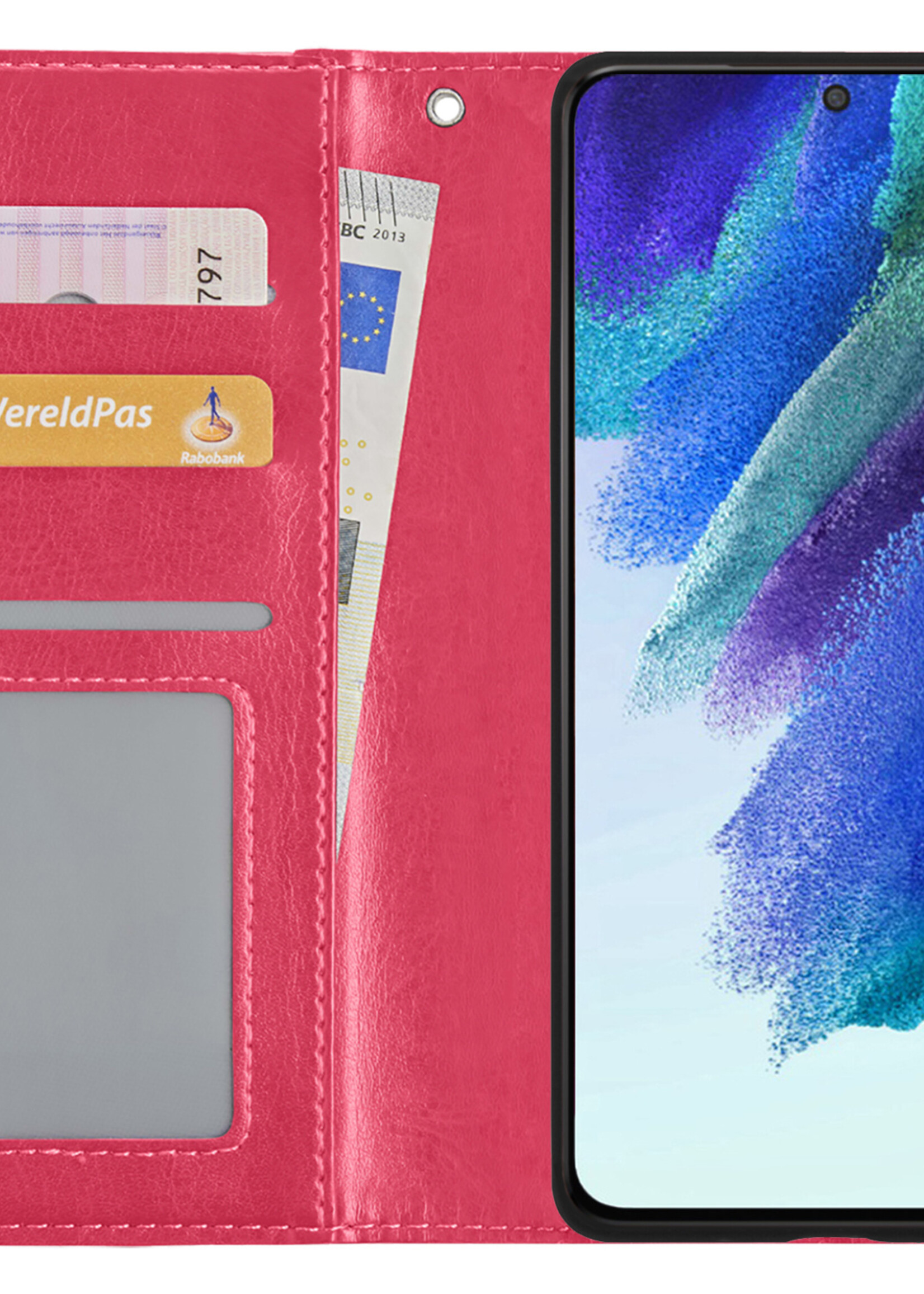 BTH Hoesje Geschikt voor Samsung S21 FE Hoesje Book Case Hoes Portemonnee Cover Walletcase Met Screenprotector - Hoes Geschikt voor Samsung Galaxy S21 FE Hoes Bookcase Hoesje - Donkerroze