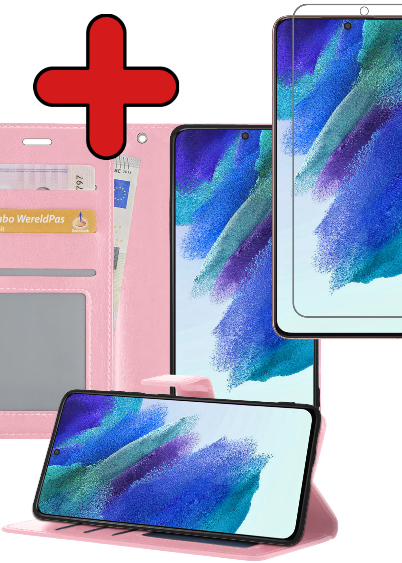 BTH Hoesje Geschikt voor Samsung S21 FE Hoesje Book Case Hoes Portemonnee Cover Walletcase Met Screenprotector - Hoes Geschikt voor Samsung Galaxy S21 FE Hoes Bookcase Hoesje - Lichtroze