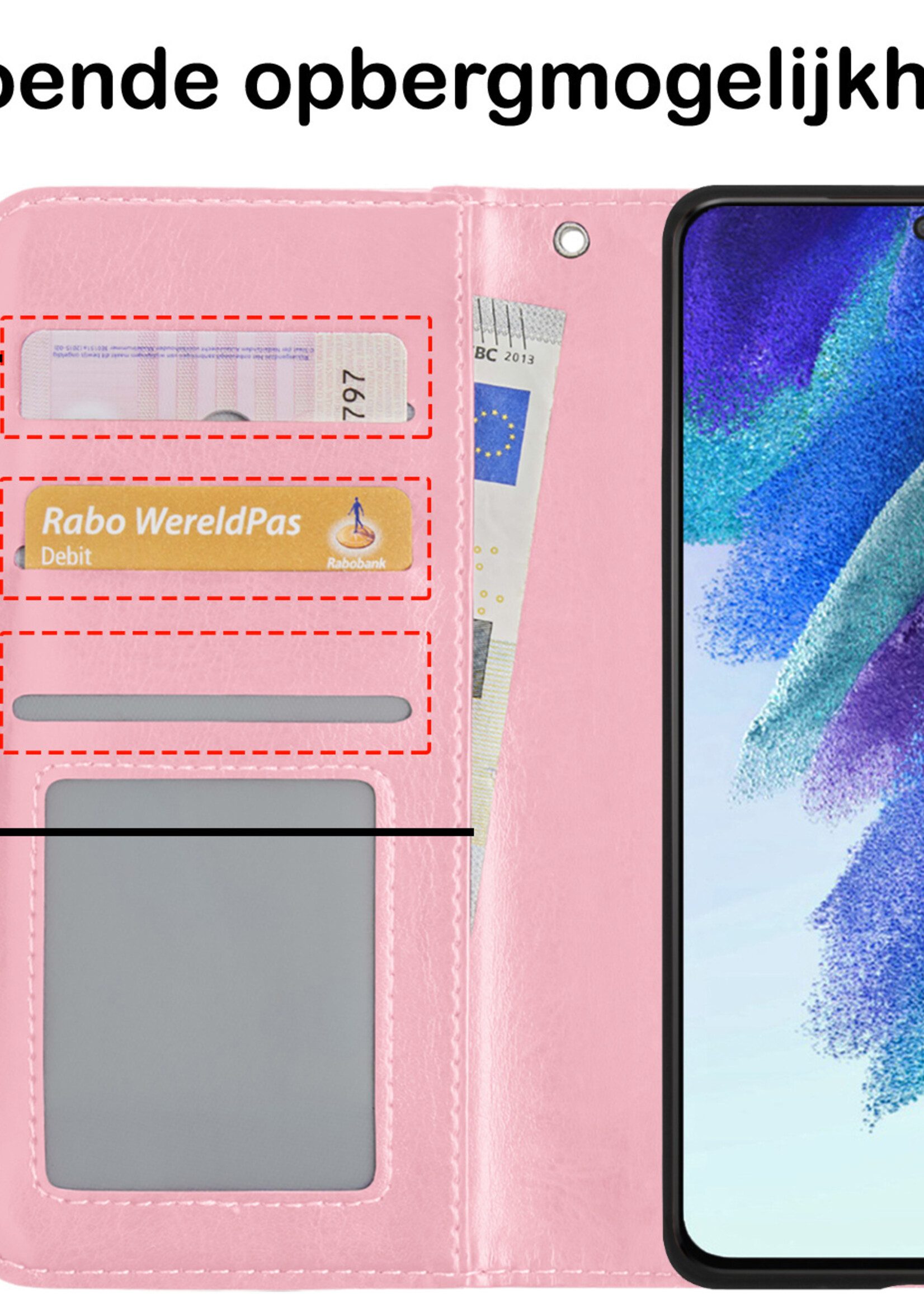 BTH Hoesje Geschikt voor Samsung S21 FE Hoesje Book Case Hoes Portemonnee Cover Walletcase Met Screenprotector - Hoes Geschikt voor Samsung Galaxy S21 FE Hoes Bookcase Hoesje - Lichtroze