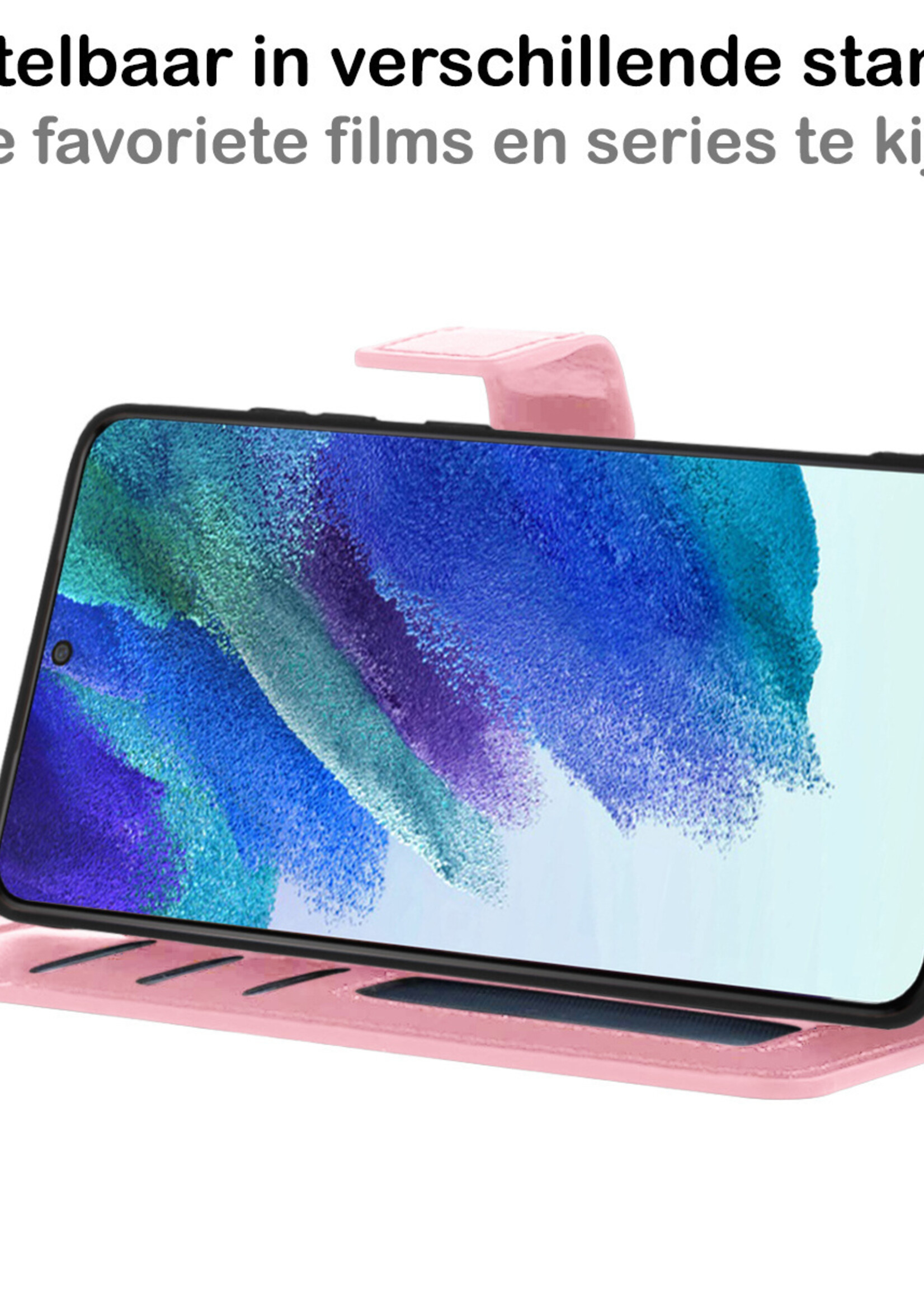 BTH Hoesje Geschikt voor Samsung S21 FE Hoesje Book Case Hoes Portemonnee Cover Walletcase Met Screenprotector - Hoes Geschikt voor Samsung Galaxy S21 FE Hoes Bookcase Hoesje - Lichtroze